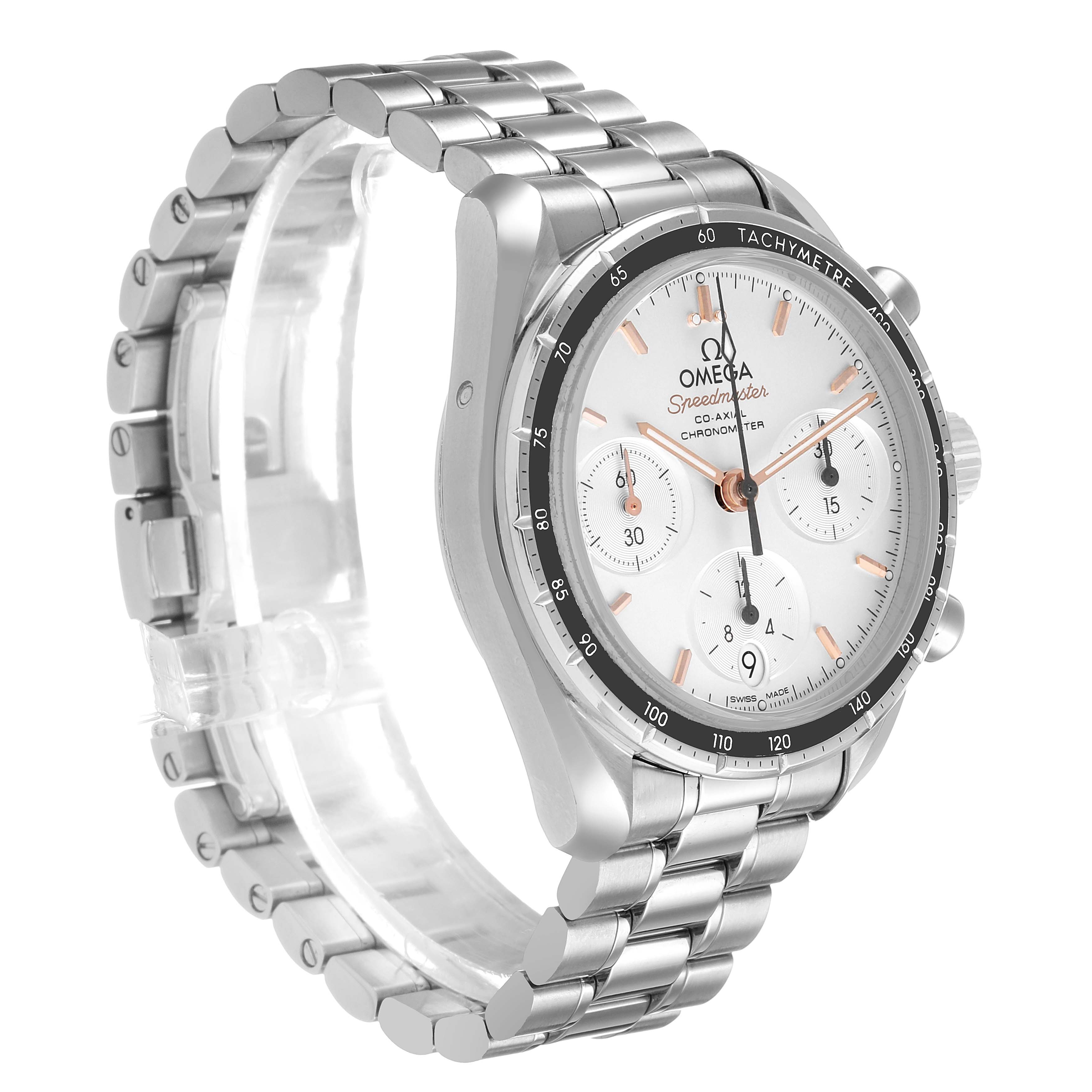The Omega Speedmaster 324.30.38.50.02.001 Men's Stainless Steel Silver Dial watch is shown at a three-quarter angle, displaying the face, bezel, and metal bracelet.