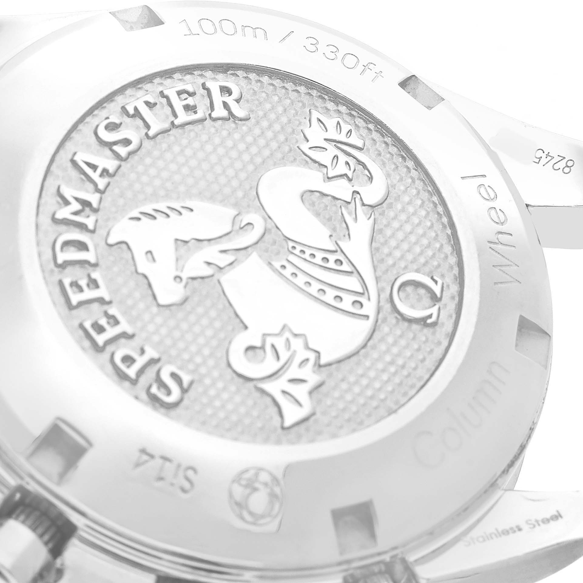 The image shows the back case of the Omega Speedmaster 324.30.38.50.02.001 Men's Stainless Steel Silver Dial watch, featuring the engraved logo and specifications.