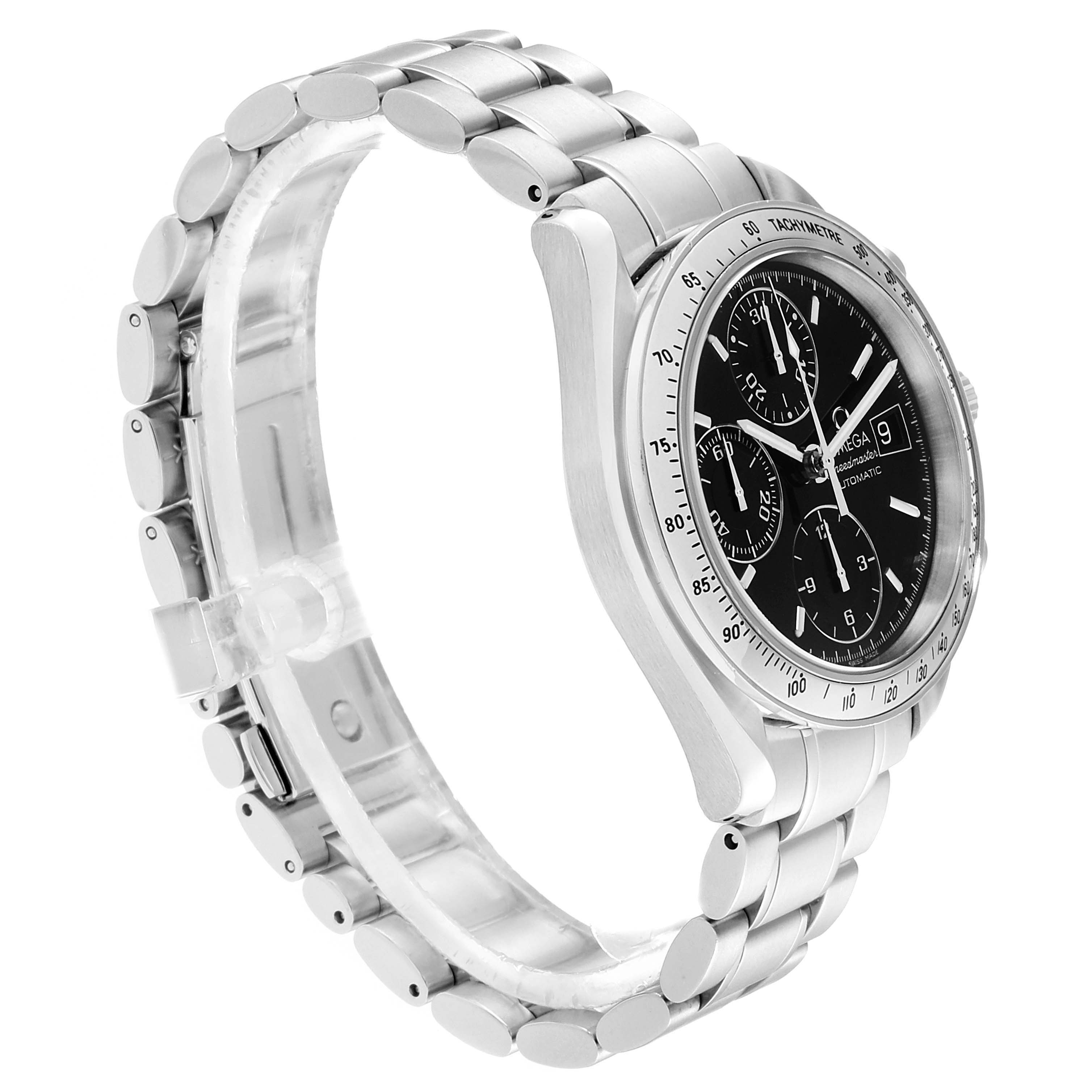 The Omega Speedmaster 3513.50.00 Men
s Stainless Steel Black Dial 3513.50.00 Men
s Stainless Steel Black Dial watch is shown from a side angle, displaying its stainless steel bracelet and black dial.