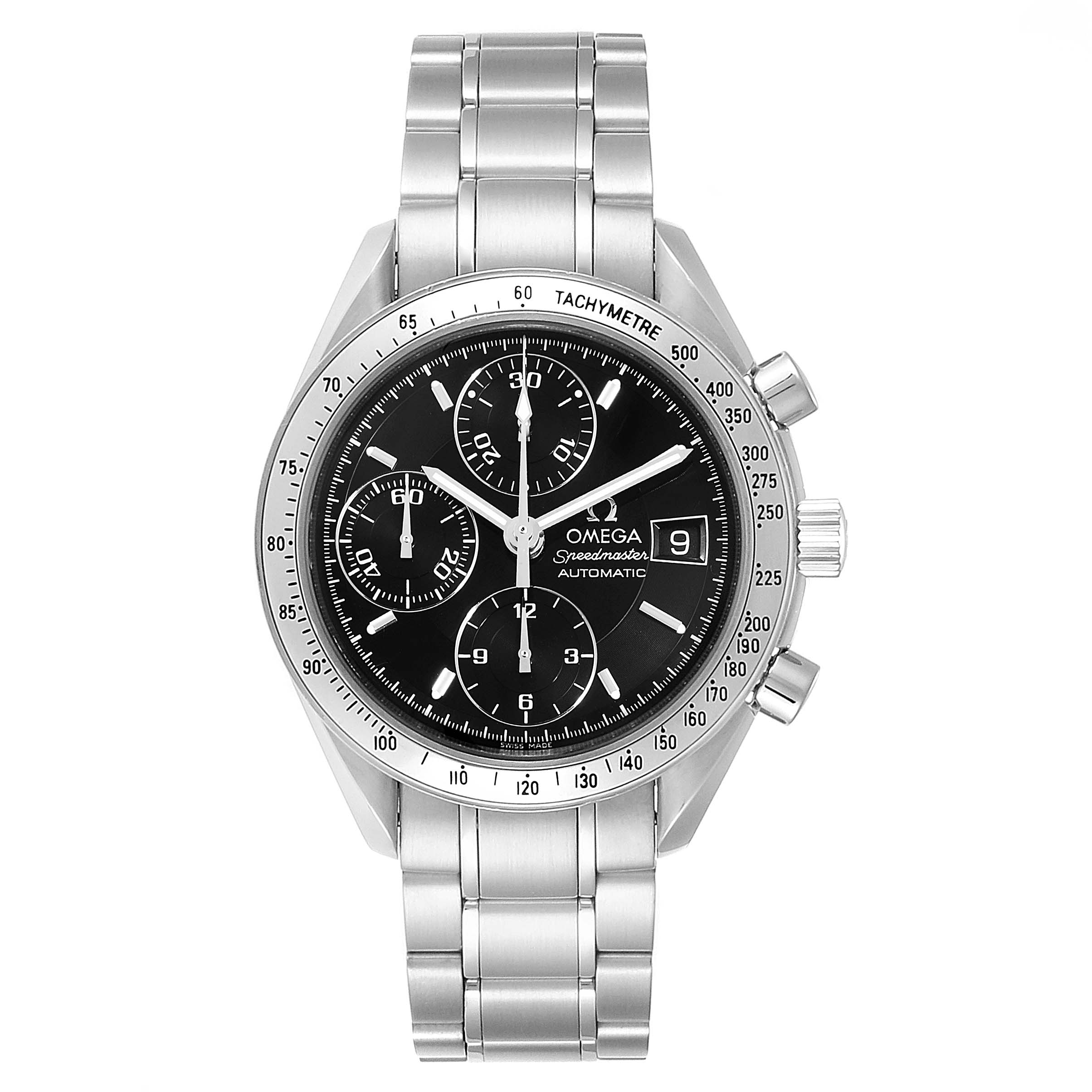 The image shows a front view of the Omega Speedmaster 3513.50.00 Men
s Stainless Steel Black Dial 3513.50.00 Men
s Stainless Steel Black Dial watch, highlighting the dial, tachymeter bezel, chronograph sub-dials, date window, and metal bracelet.
