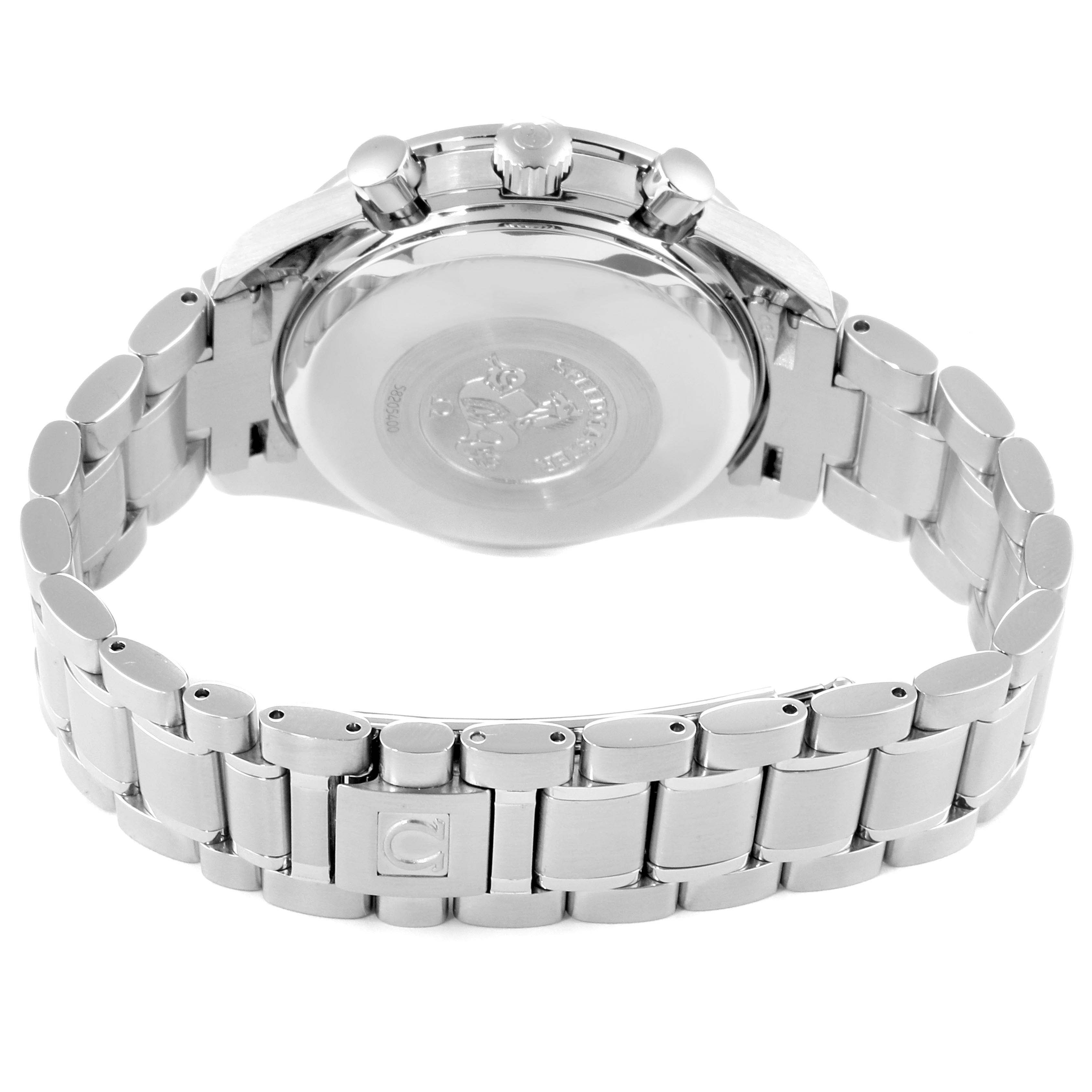 The image shows the backside and bracelet of the Omega Speedmaster 3513.50.00 Men
s Stainless Steel Black Dial 3513.50.00 Men
s Stainless Steel Black Dial watch from a rear angle, highlighting the clasp and case back.