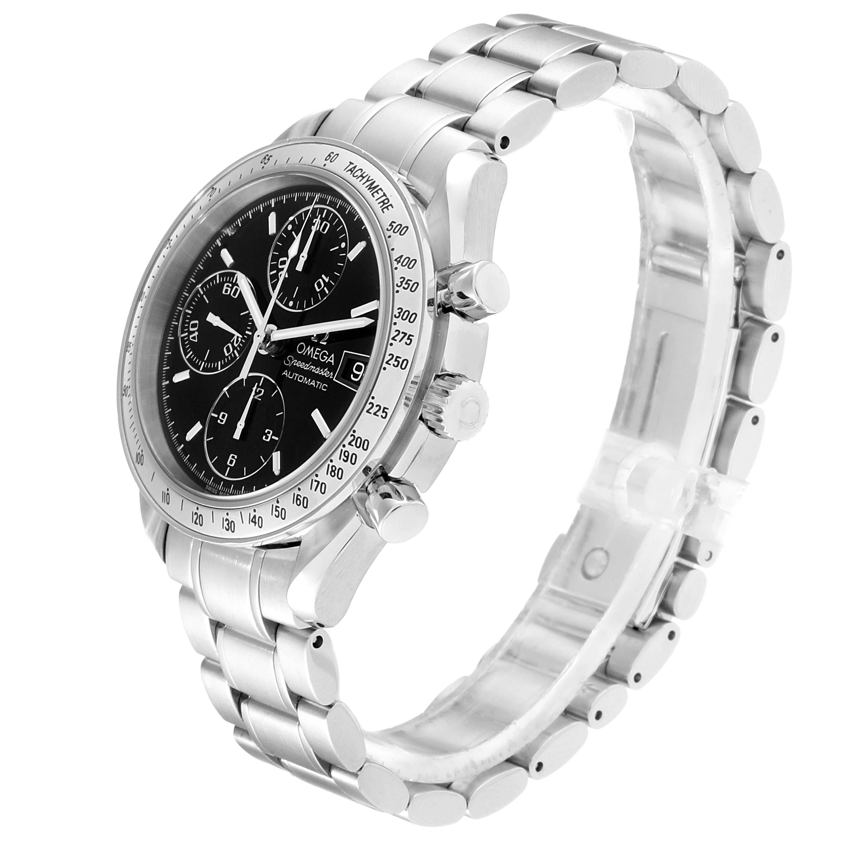 The image shows an angled side view of the Omega Speedmaster 3513.50.00 Men
s Stainless Steel Black Dial 3513.50.00 Men
s Stainless Steel Black Dial, displaying the dial, bezel, pushers, crown, and bracelet.