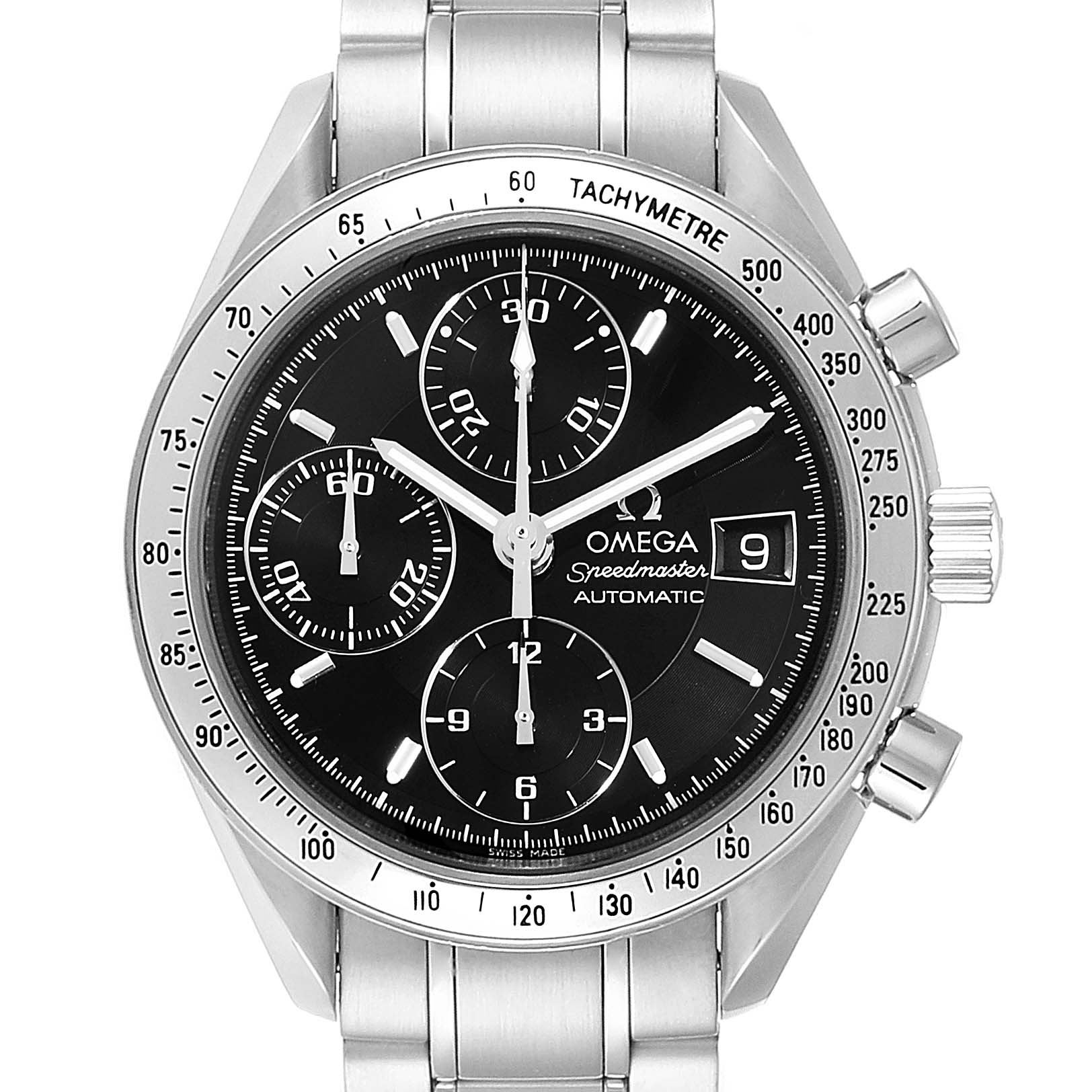 The image shows an Omega Speedmaster 3513.50.00 Men
s Stainless Steel Black Dial 3513.50.00 Men
s Stainless Steel Black Dial watch from a front angle, showcasing its face, bezel, sub-dials, and bracelet.