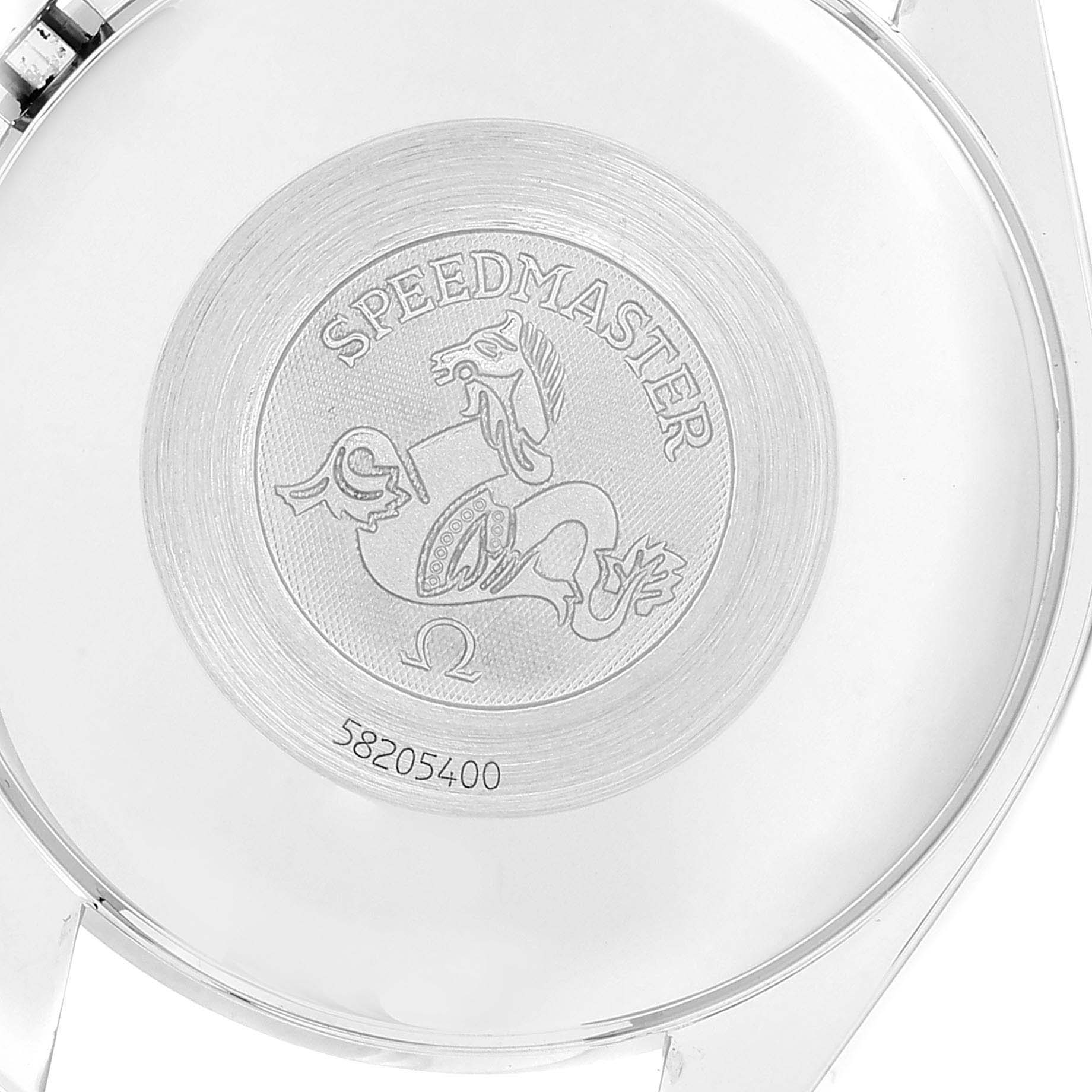 The image shows the back case of the Omega Speedmaster 3513.50.00 Men
s Stainless Steel Black Dial 3513.50.00 Men
s Stainless Steel Black Dial watch, displaying the engraved logo and serial number.