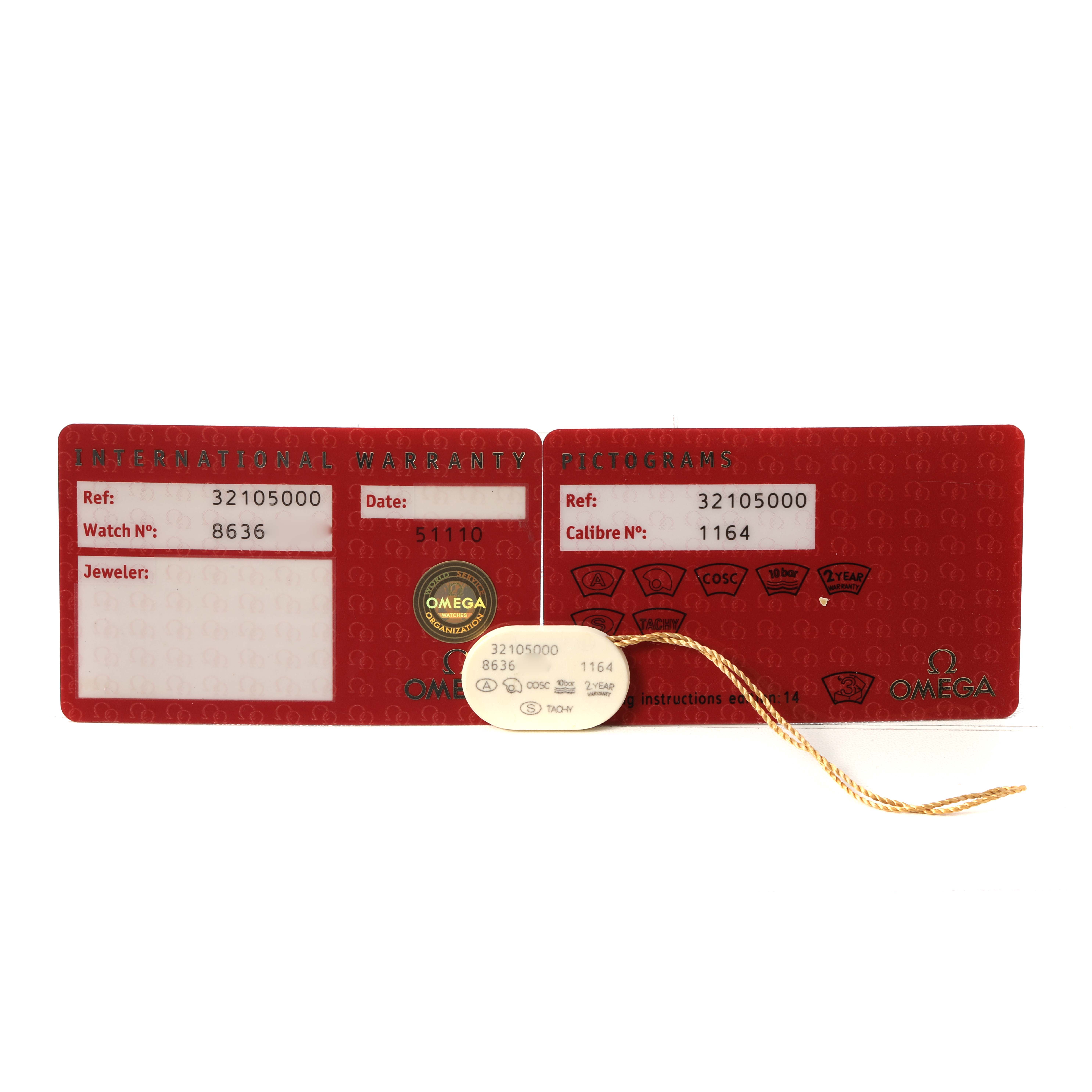 The image displays two Omega Speedmaster 3210.50.00 Men's Stainless Steel Black Dial cards, including warranty and pictograms, along with a small tag showing reference and calibre numbers.