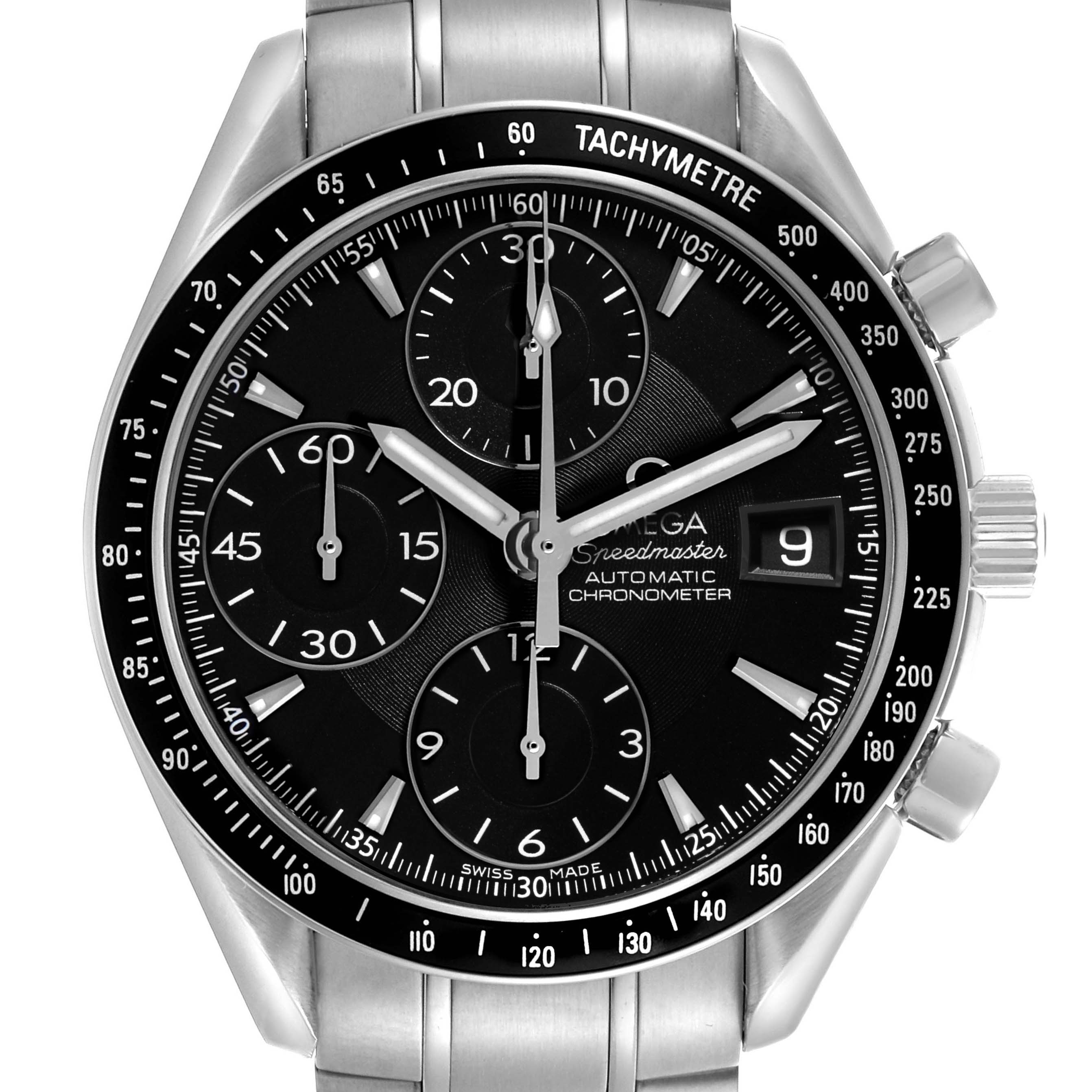 The Omega Speedmaster 3210.50.00 Men's Stainless Steel Black Dial watch is shown from the front, featuring a tachymetric bezel, subdials, date window, and metal bracelet.