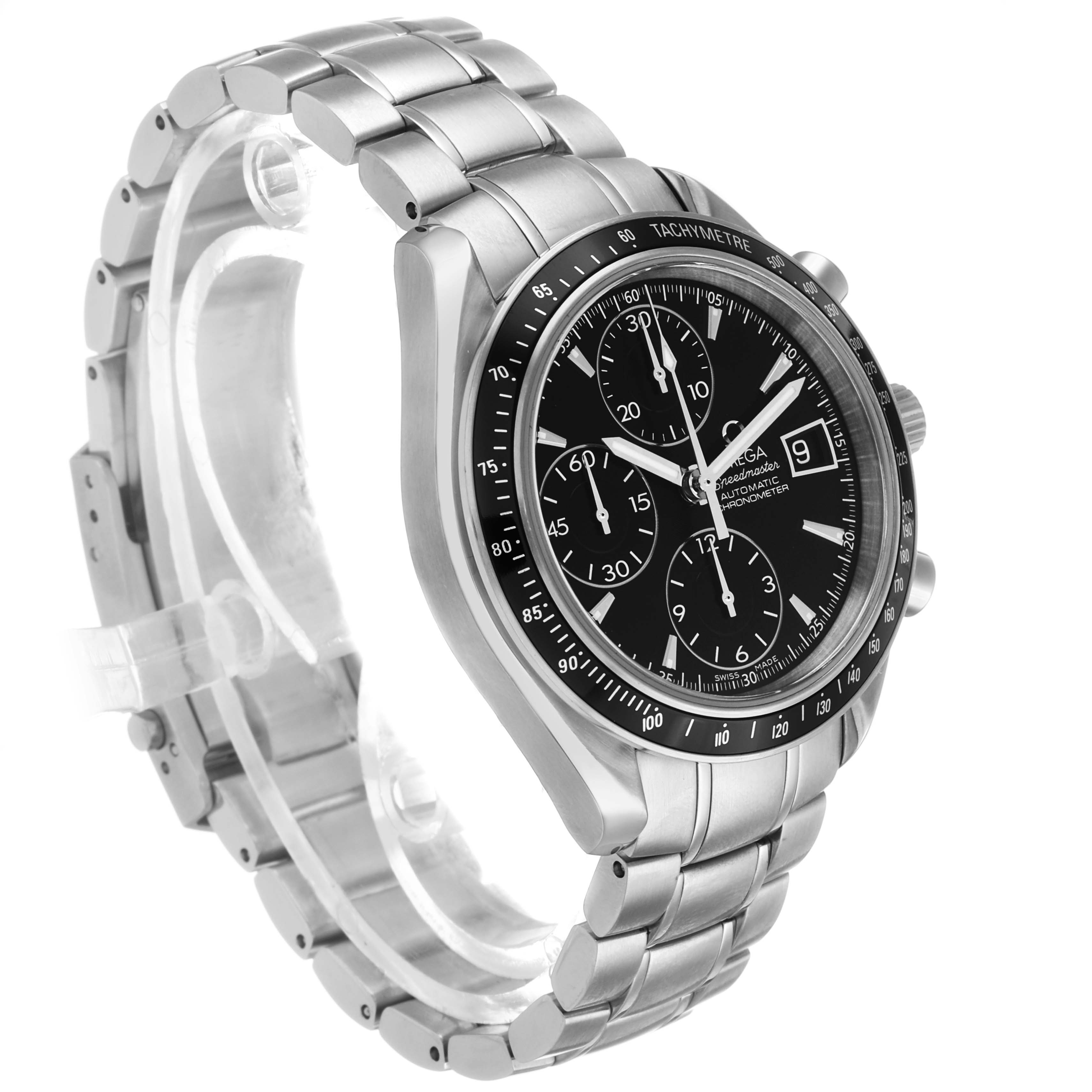 The Omega Speedmaster 3210.50.00 Men's Stainless Steel Black Dial watch is shown at an angled side view, highlighting the face, bezel, and metal bracelet.