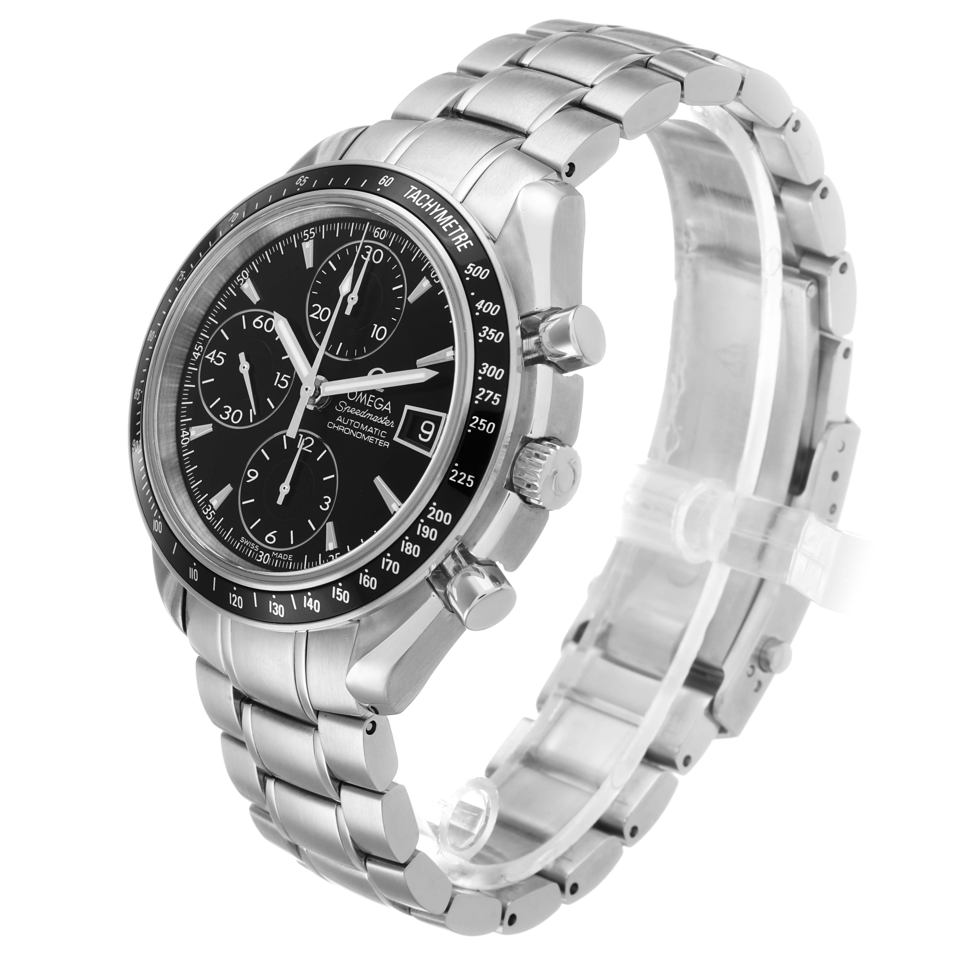 The Omega Speedmaster 3210.50.00 Men's Stainless Steel Black Dial watch is shown from an angled side view, featuring the case, dial, crown, pushers, and bracelet.