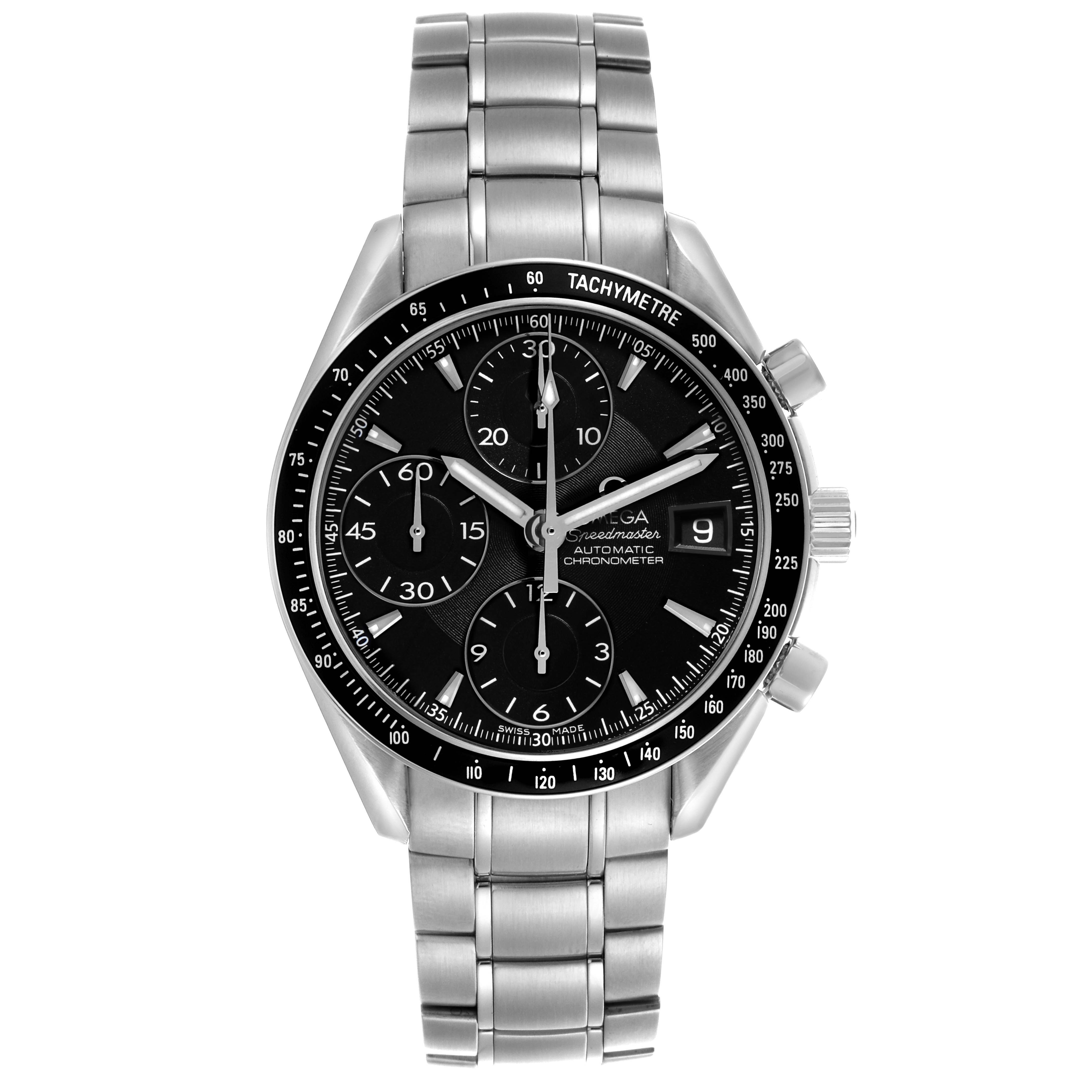 The Omega Speedmaster 3210.50.00 Men's Stainless Steel Black Dial watch is shown from the front, displaying its face, bezel, subdials, and stainless steel bracelet.