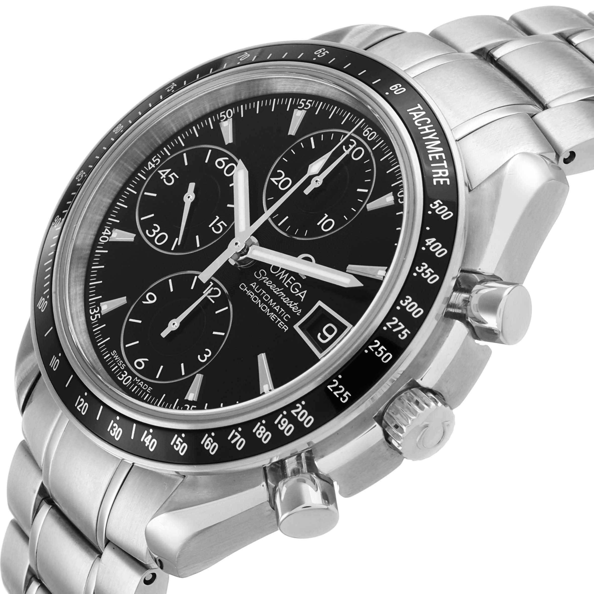 The Omega Speedmaster 3210.50.00 Men's Stainless Steel Black Dial is shown at an angled side view, highlighting the bezel, crown, pushers, and bracelet.