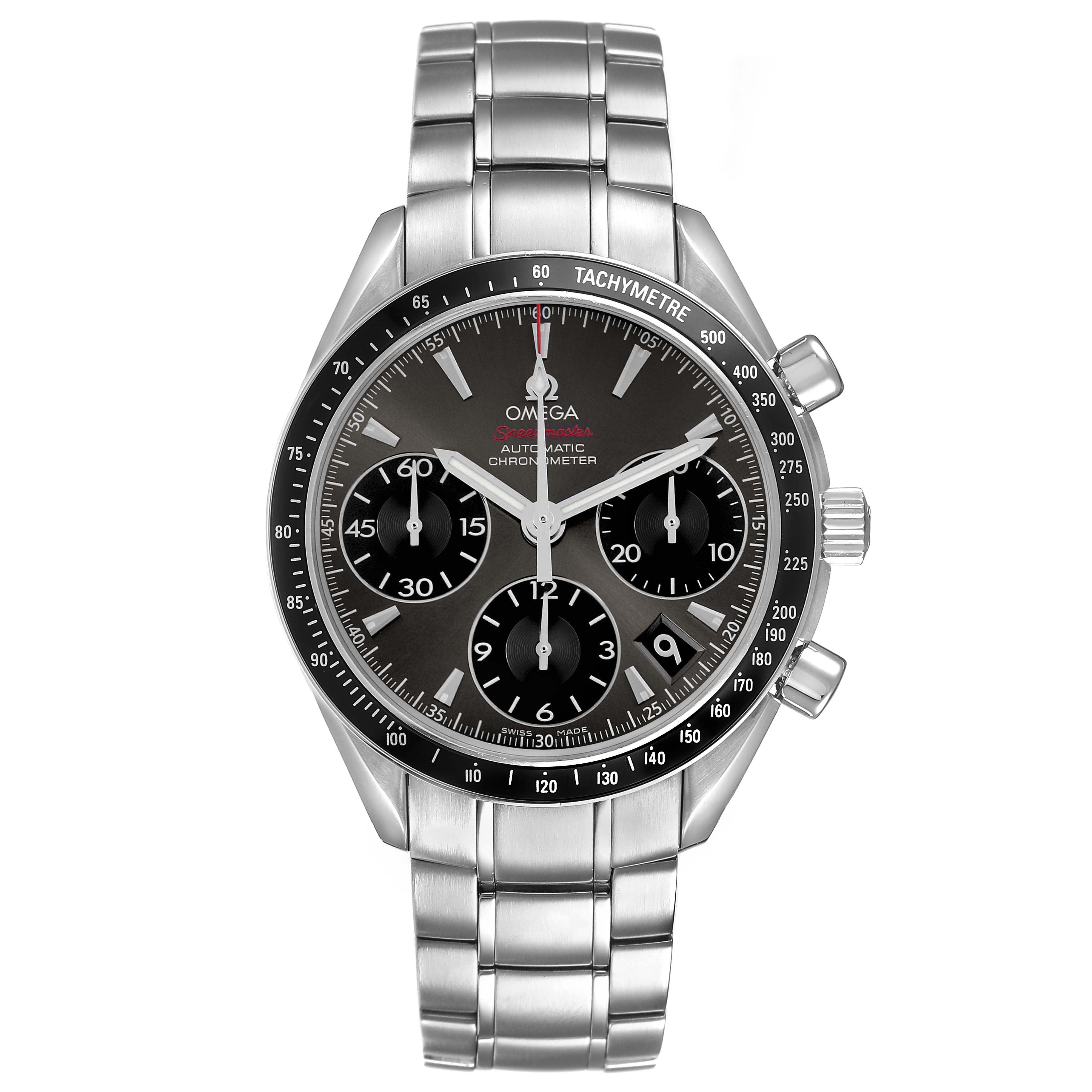 The Omega Speedmaster 323.30.40.40.06.001 Men's Stainless Steel Grey Dial watch is shown from the front, displaying its face, bezel, pushers, crown, and metal bracelet.
