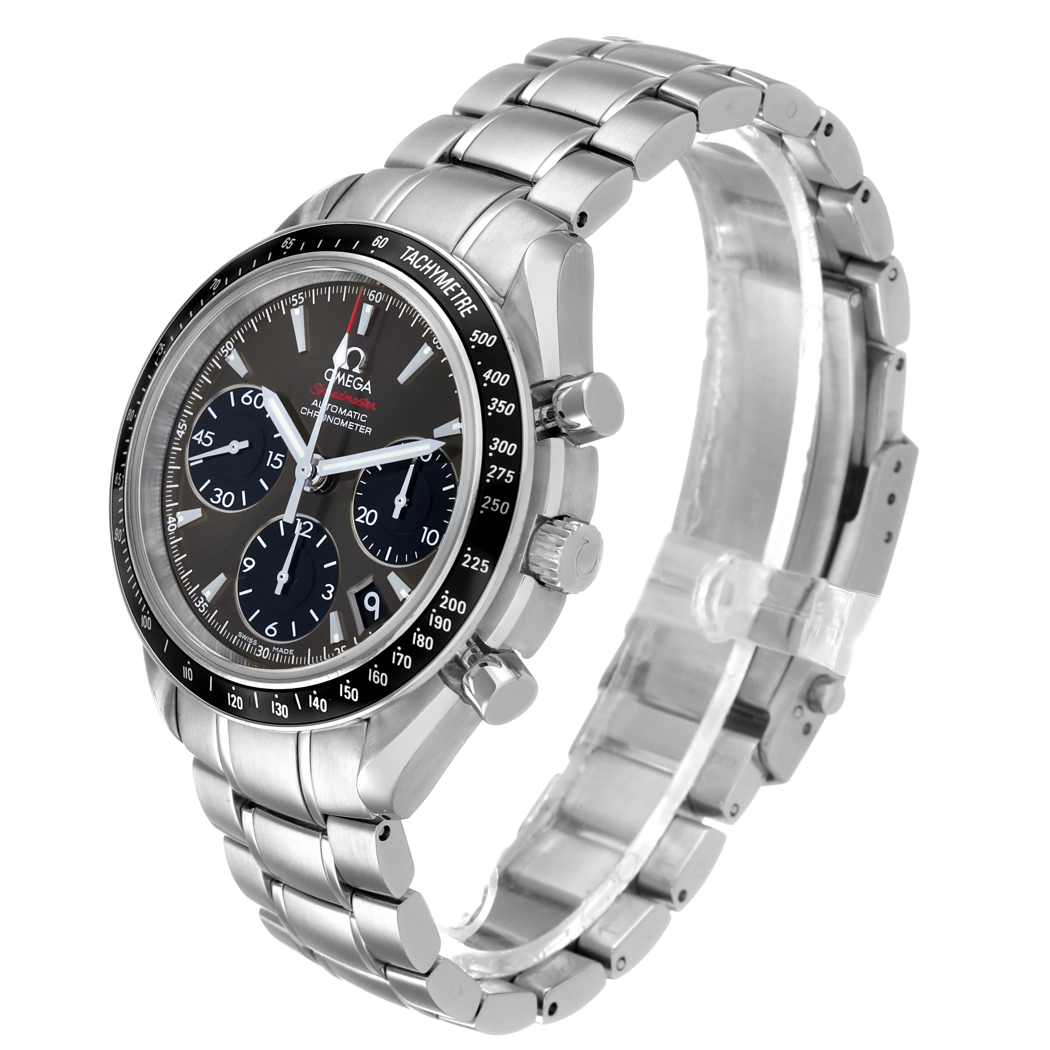 The Omega Speedmaster 323.30.40.40.06.001 Men's Stainless Steel Grey Dial is shown at an angled side view, displaying the dial, bezel, chronograph buttons, and metal bracelet.