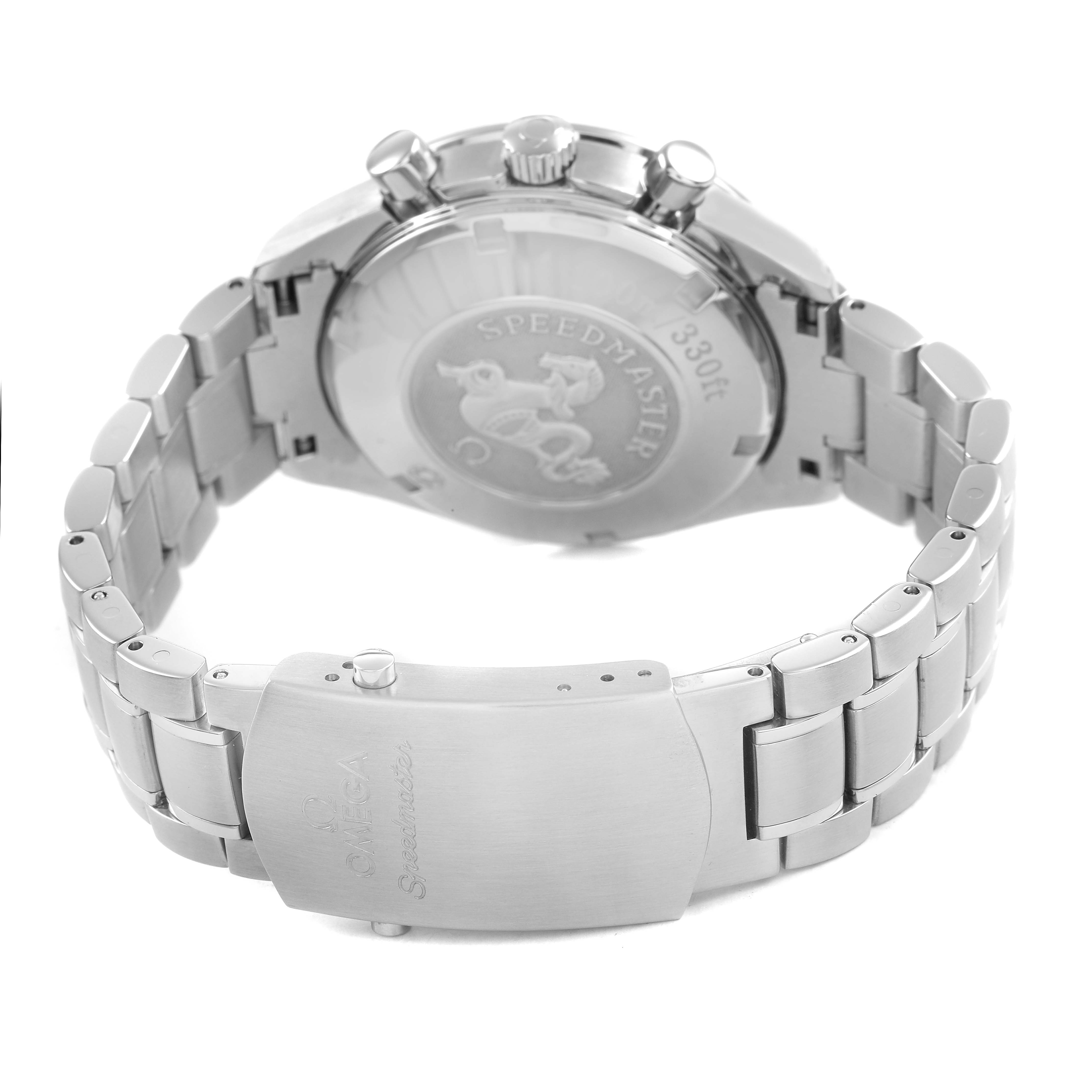 The image shows a rear view of the Omega Speedmaster 323.30.40.40.06.001 Men's Stainless Steel Grey Dial, highlighting the case back, bracelet, and clasp.