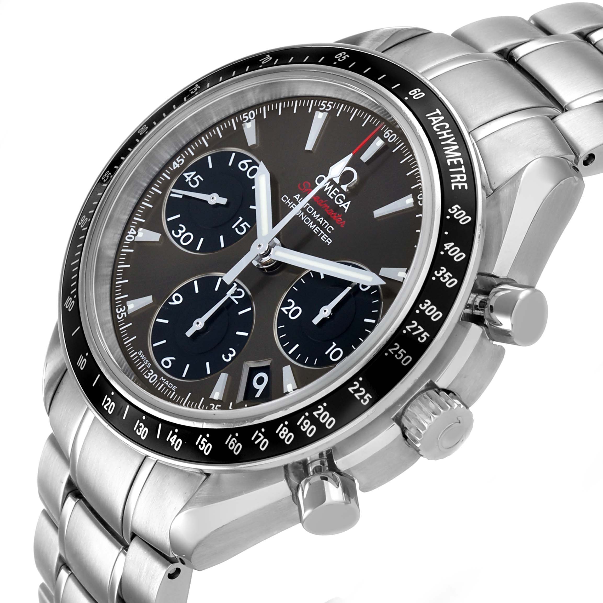 The Omega Speedmaster 323.30.40.40.06.001 Men's Stainless Steel Grey Dial watch is shown at a slight angle, displaying its dial, bezel, and chronograph pushers.