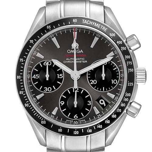 The Omega Speedmaster 323.30.40.40.06.001 Men's Stainless Steel Grey Dial watch is shown from the front, displaying its dial with subdials, tachymeter bezel, and stainless steel bracelet.