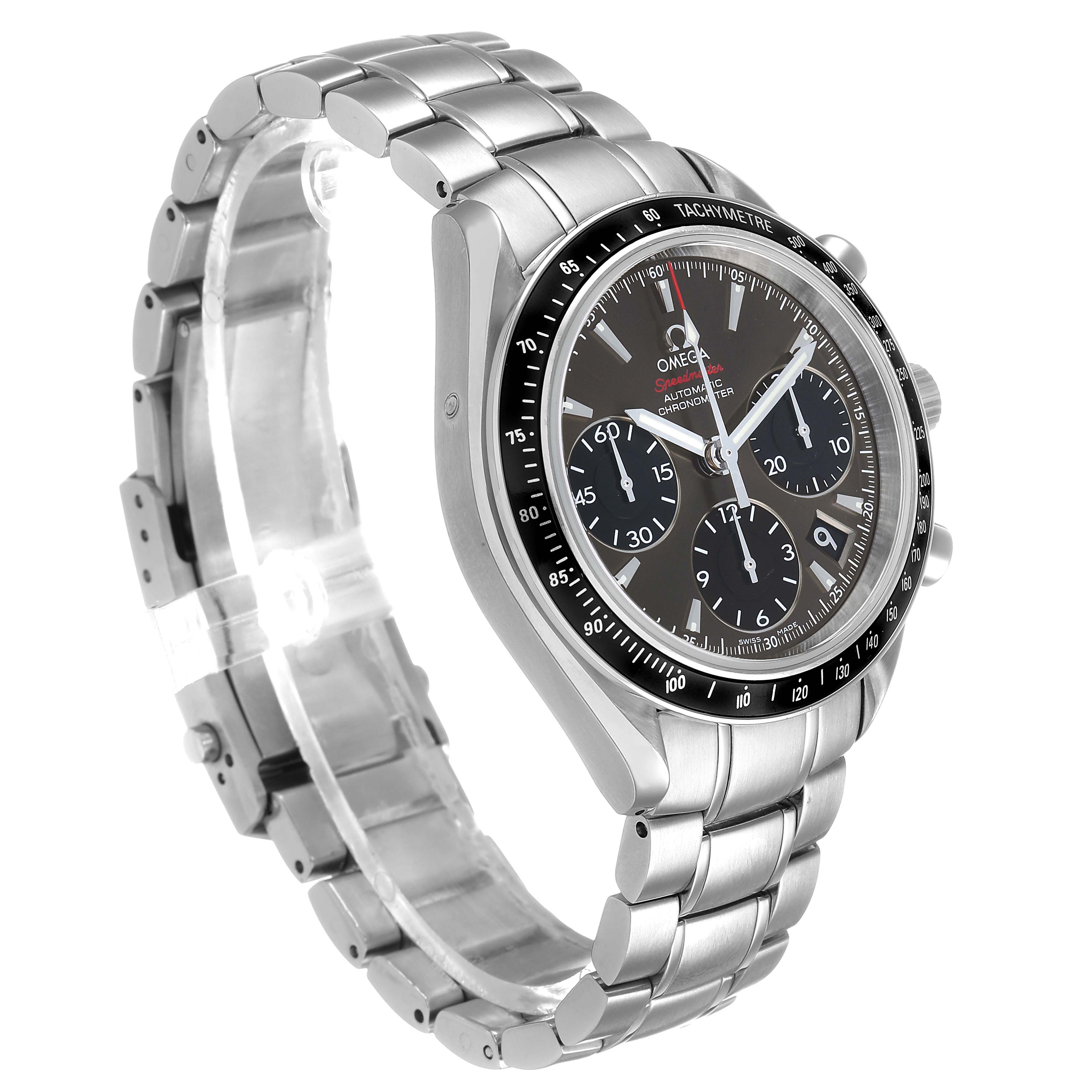 The Omega Speedmaster 323.30.40.40.06.001 Men's Stainless Steel Grey Dial watch is shown at a three-quarter angle, highlighting the dial, tachymeter bezel, and stainless steel bracelet.