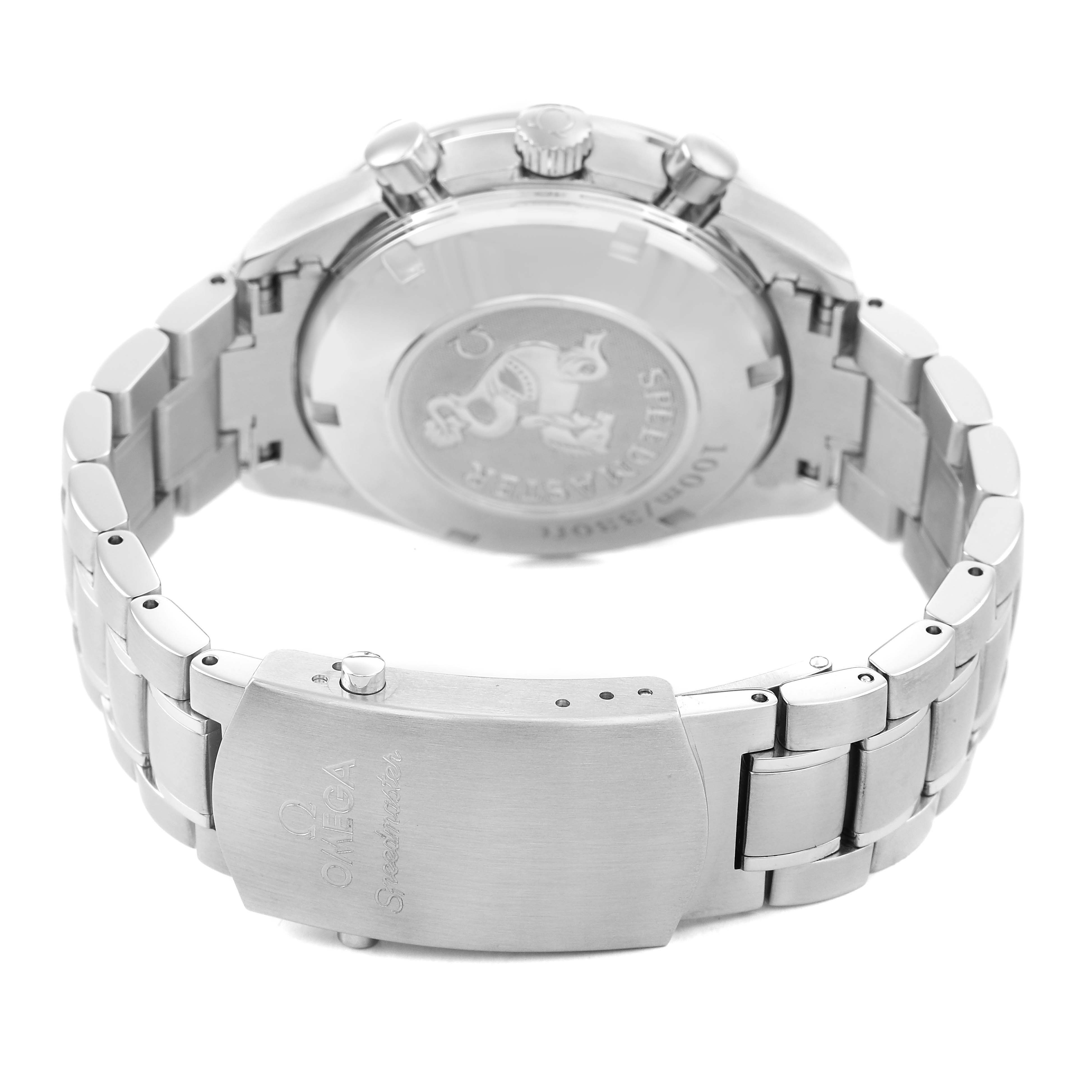 The Omega Speedmaster 323.30.40.40.06.001 Men's Stainless Steel Grey Dial watch is shown from the back, highlighting the clasp, bracelet, and case back.