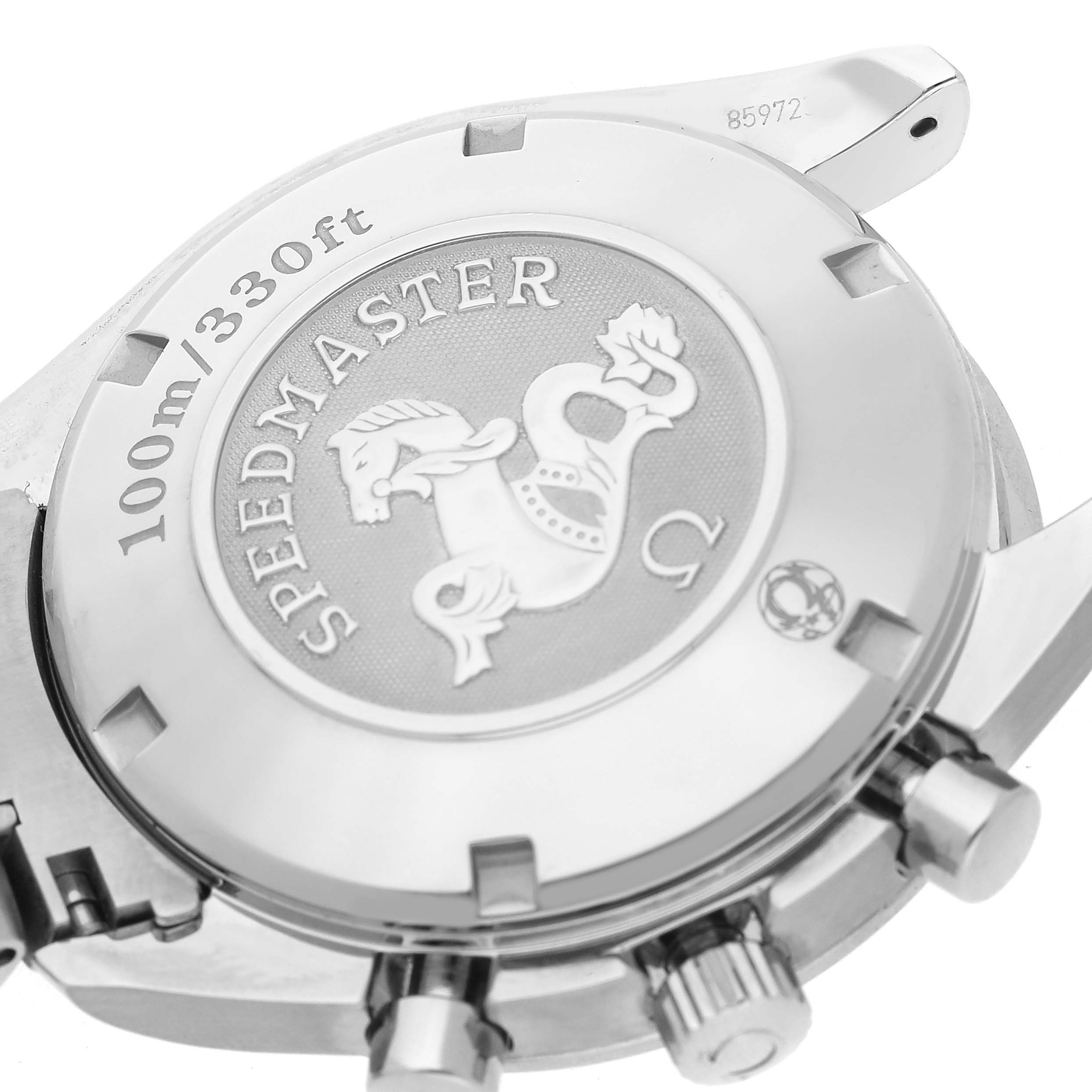 The image shows the back case of an Omega Speedmaster 323.30.40.40.06.001 Men's Stainless Steel Grey Dial watch with a seahorse engraving and depth rating.