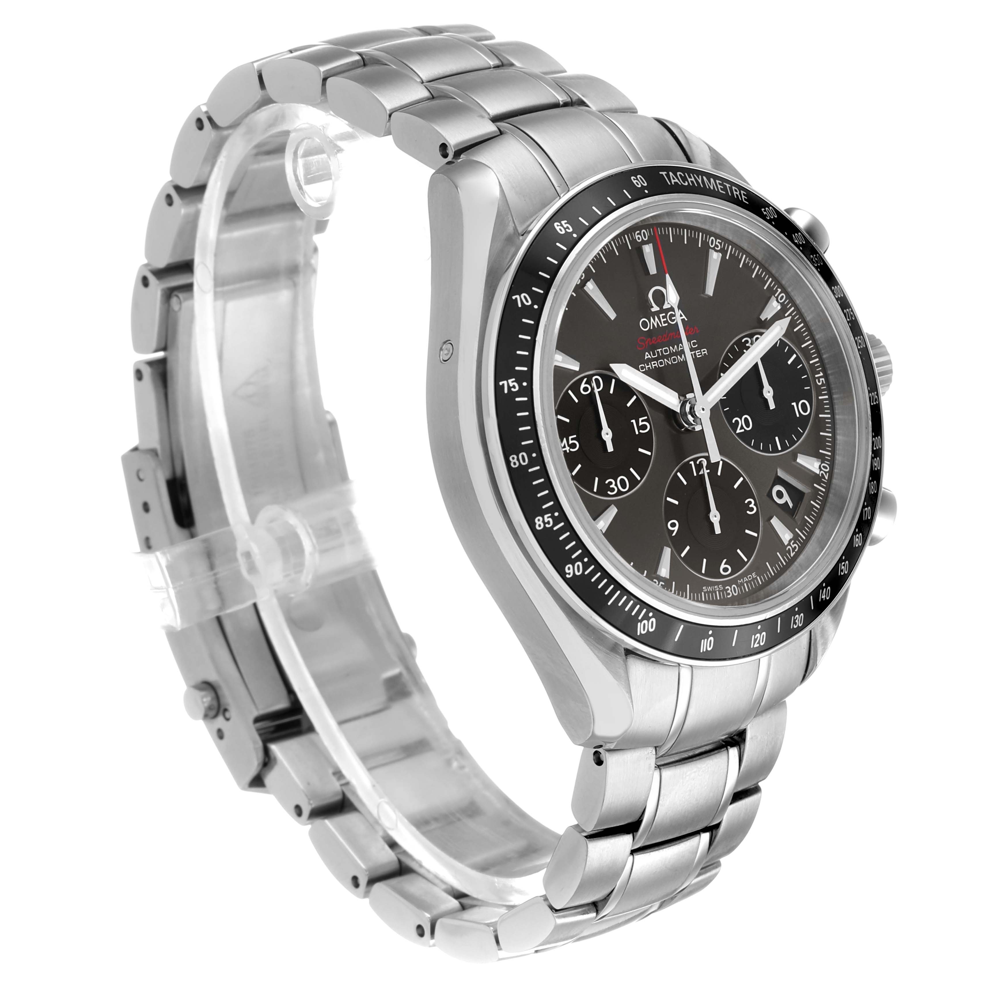 The Omega Speedmaster 323.30.40.40.06.001 Men's Stainless Steel Grey Dial watch is shown at a three-quarter angle, highlighting the side profile, bezel, and bracelet.