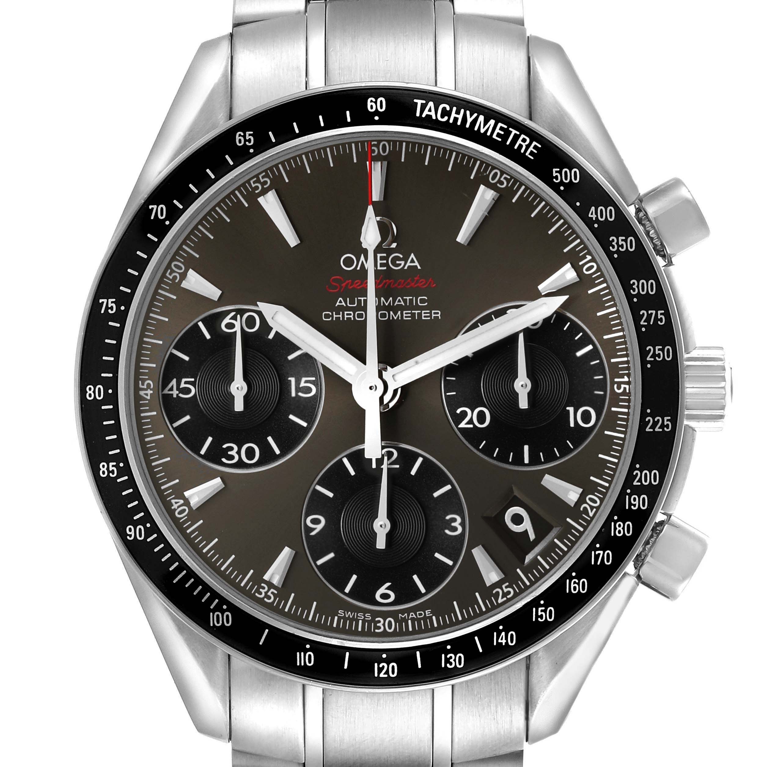 The Omega Speedmaster 323.30.40.40.06.001 Men's Stainless Steel Grey Dial watch is shown from a front angle, highlighting the dial, subdials, bezel, and crown.