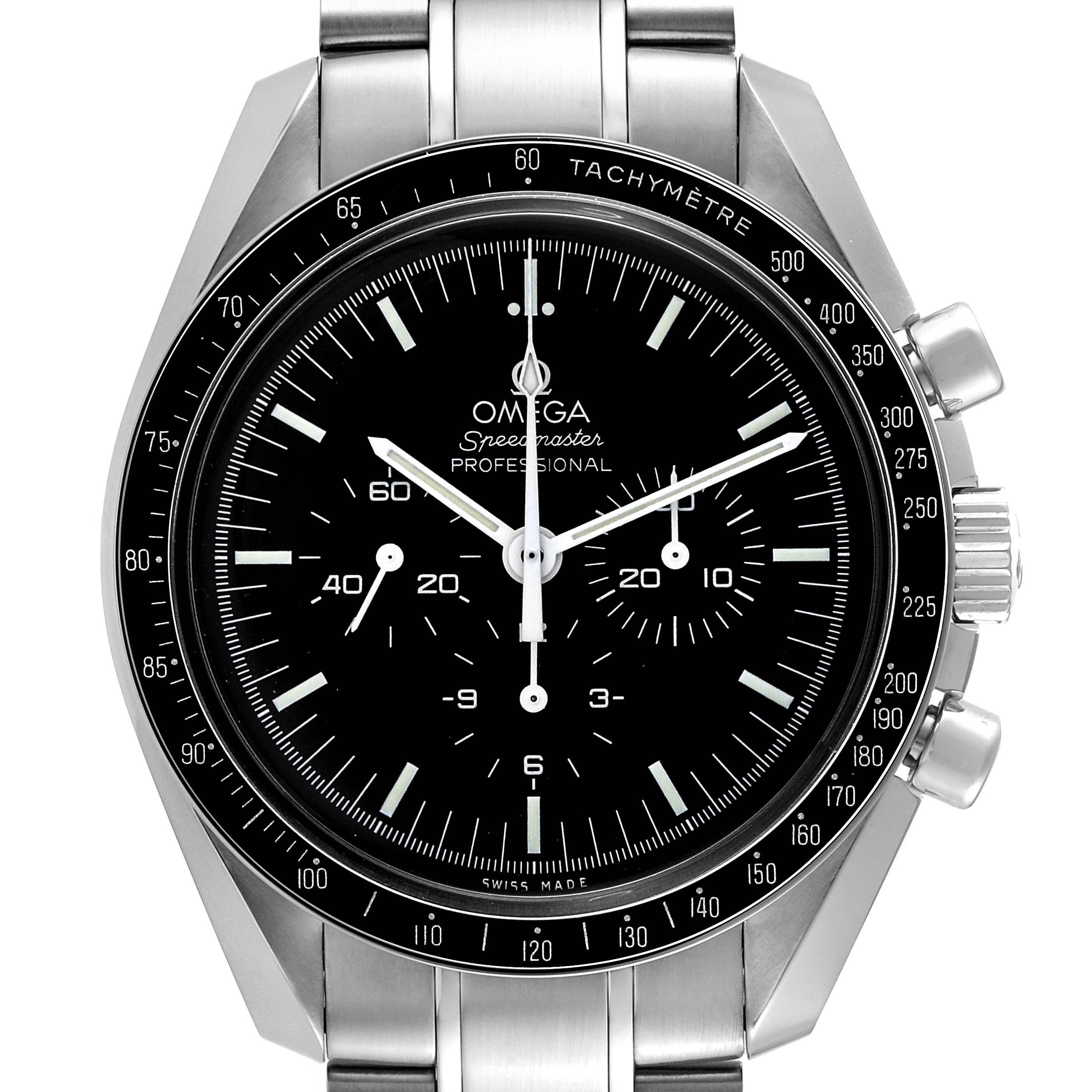 The image shows a front view of the Omega Speedmaster 311.30.42.30.01.005 Men
s Stainless Steel Black Dial 311.30.42.30.01.005 Men
s Stainless Steel Black Dial watch, highlighting its black dial, tachymeter bezel, and stainless steel bracelet.
