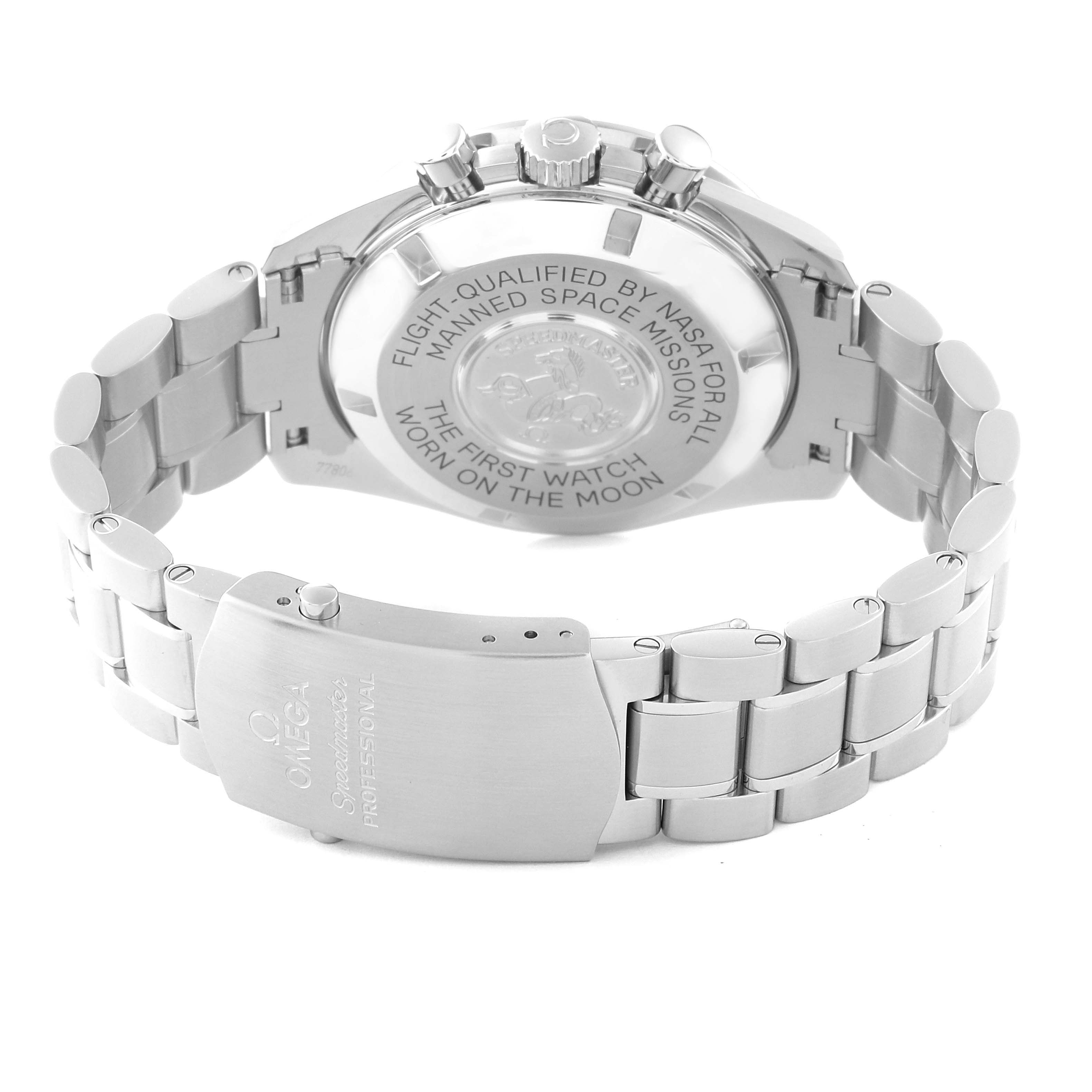 The image shows the back case and clasp of an Omega Speedmaster 311.30.42.30.01.005 Men
s Stainless Steel Black Dial 311.30.42.30.01.005 Men
s Stainless Steel Black Dial watch, viewed at an angle emphasizing the engraved details.