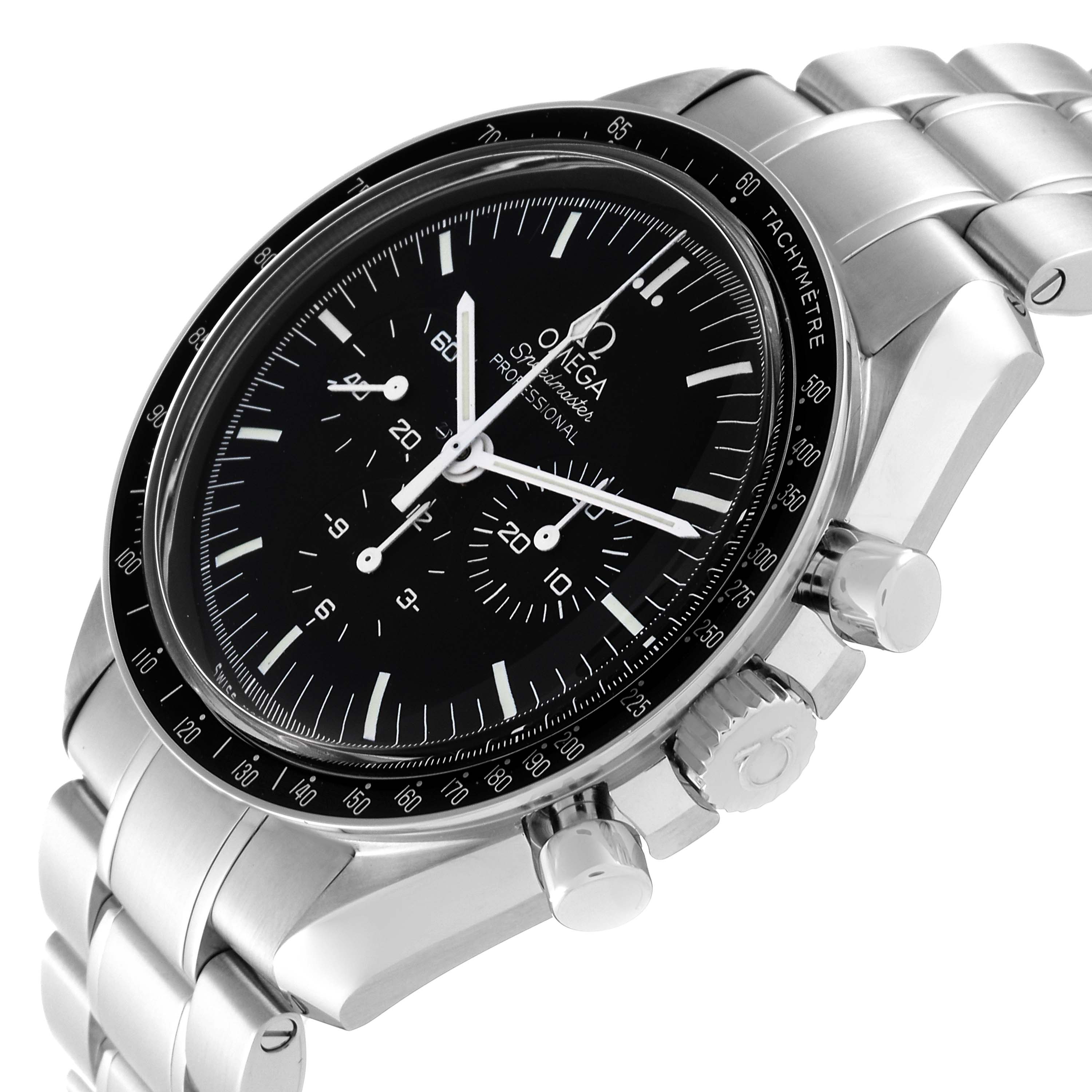 The image shows a close-up, angled view of an Omega Speedmaster 311.30.42.30.01.005 Men
s Stainless Steel Black Dial 311.30.42.30.01.005 Men
s Stainless Steel Black Dial watch, highlighting the dial, bezel, and stainless steel bracelet.