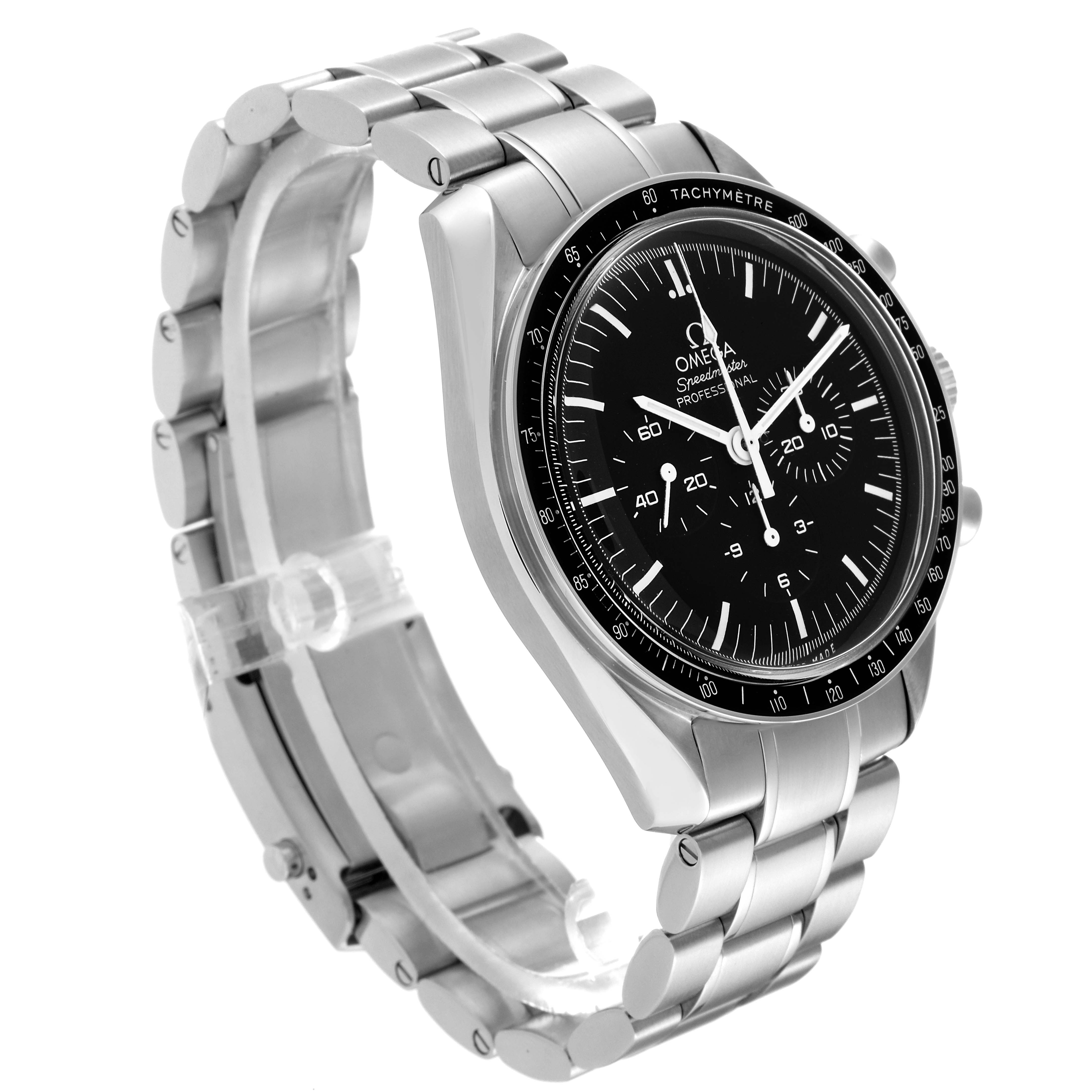 This image shows a side angle of an Omega Speedmaster 311.30.42.30.01.005 Men
s Stainless Steel Black Dial 311.30.42.30.01.005 Men
s Stainless Steel Black Dial watch, highlighting its stainless steel bracelet and black chronograph dial.