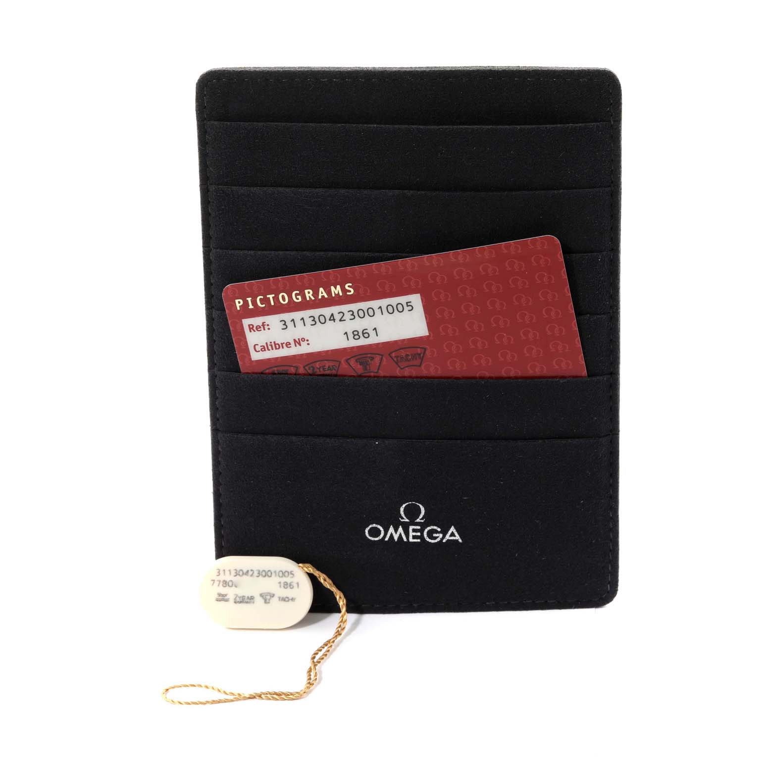 The image shows the Omega Speedmaster 311.30.42.30.01.005 Men
s Stainless Steel Black Dial 311.30.42.30.01.005 Men
s Stainless Steel Black Dial
s pictograms card and a black Omega cardholder.