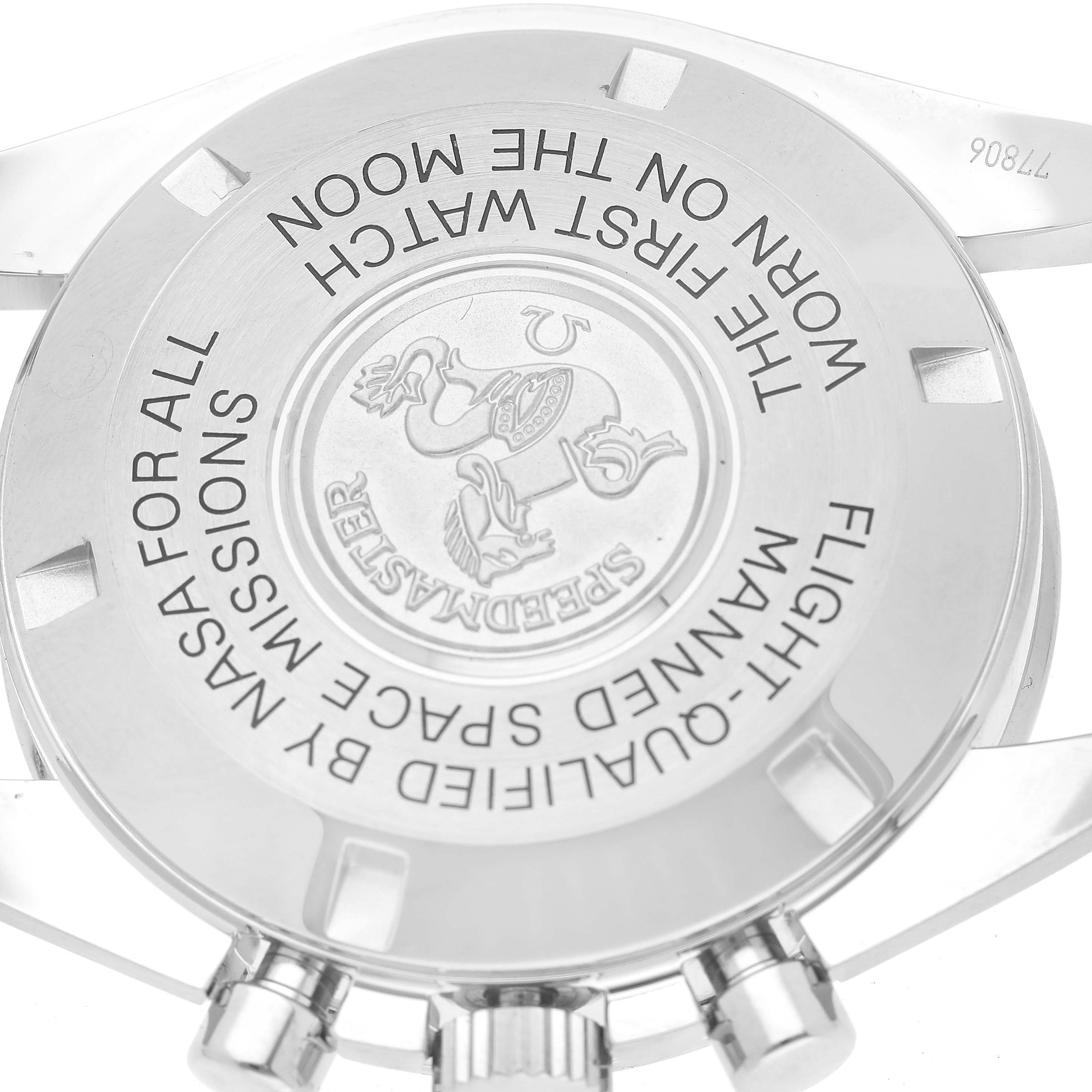 The image shows the case back and pushers of an Omega Speedmaster 311.30.42.30.01.005 Men
s Stainless Steel Black Dial 311.30.42.30.01.005 Men
s Stainless Steel Black Dial watch from a slightly oblique angle.