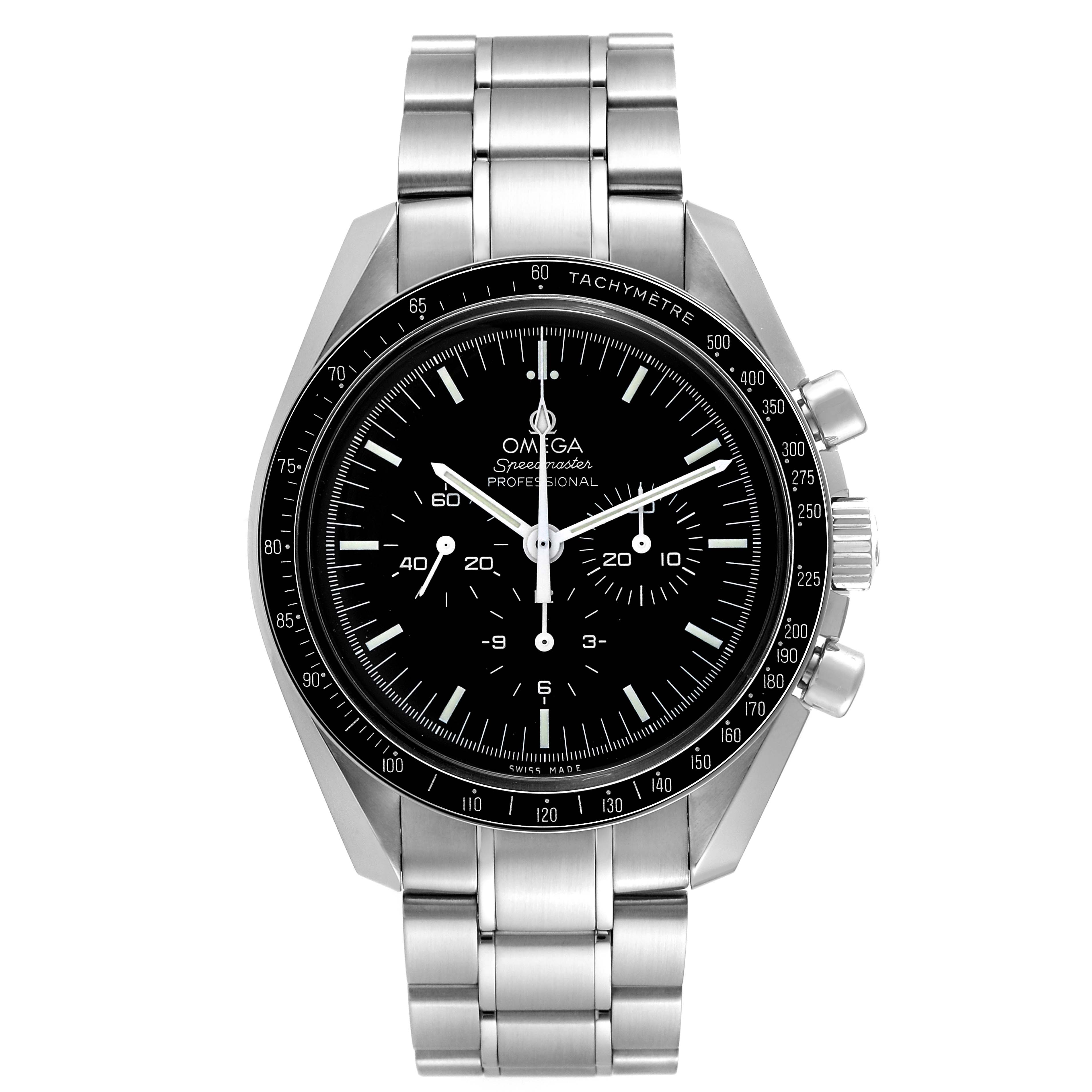 The image shows a front view of the Omega Speedmaster 311.30.42.30.01.005 Men
s Stainless Steel Black Dial 311.30.42.30.01.005 Men
s Stainless Steel Black Dial watch, displaying the dial, bezel, and stainless steel bracelet.