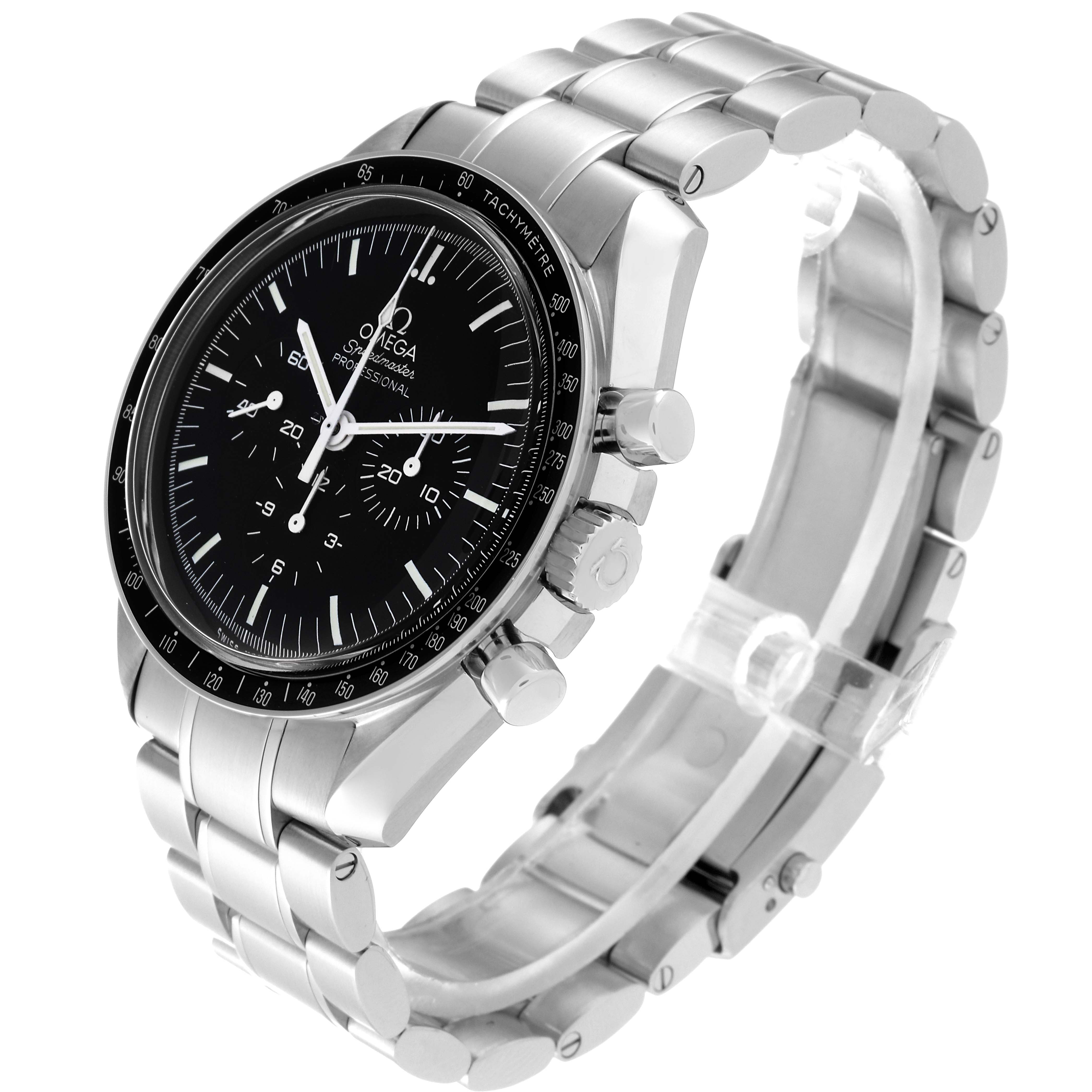 The Omega Speedmaster 311.30.42.30.01.005 Men
s Stainless Steel Black Dial 311.30.42.30.01.005 Men
s Stainless Steel Black Dial watch is shown at a 3/4 angle highlighting its dial, bezel, case, and bracelet.