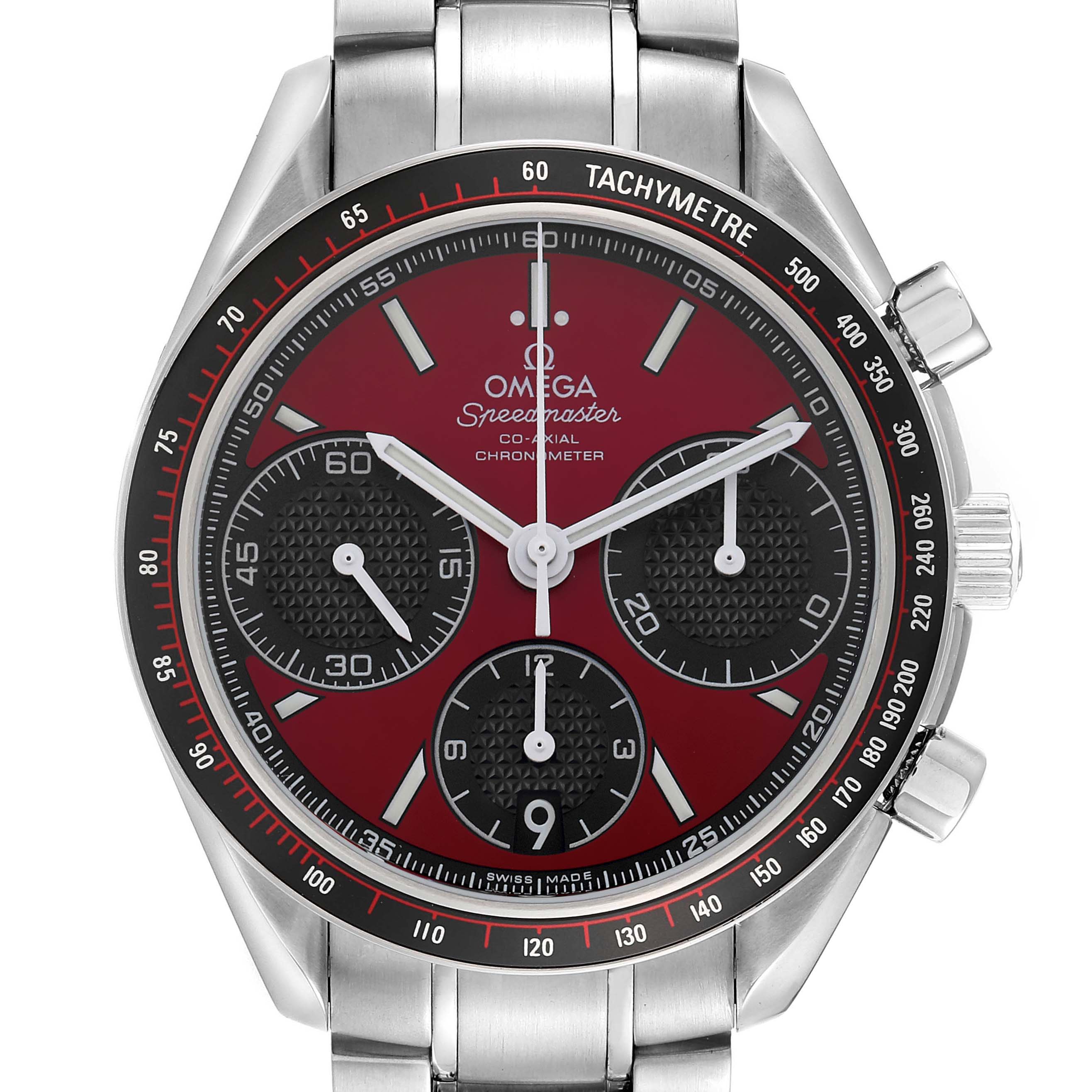 The Omega Speedmaster 326.30.40.50.11.001 Men's Stainless Steel Red Dial 326.30.40.50.11.001 Men's Stainless Steel Red Dial watch is shown from a top-down view, highlighting the red dial, sub-dials, tachymeter bezel, and metal bracelet.
