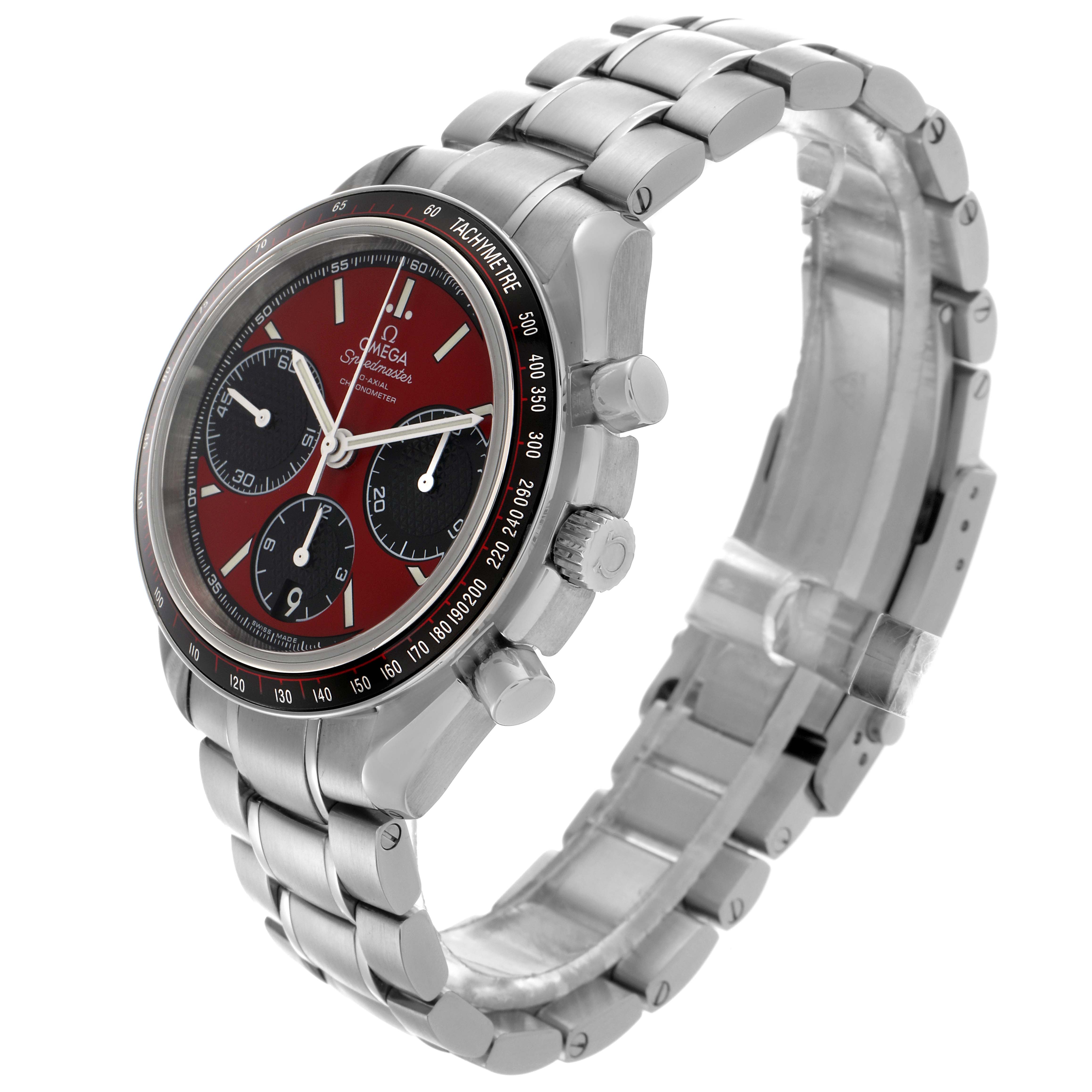 The Omega Speedmaster 326.30.40.50.11.001 Men's Stainless Steel Red Dial 326.30.40.50.11.001 Men's Stainless Steel Red Dial watch is shown at a three-quarter angle, displaying the face, bezel, case, and bracelet.