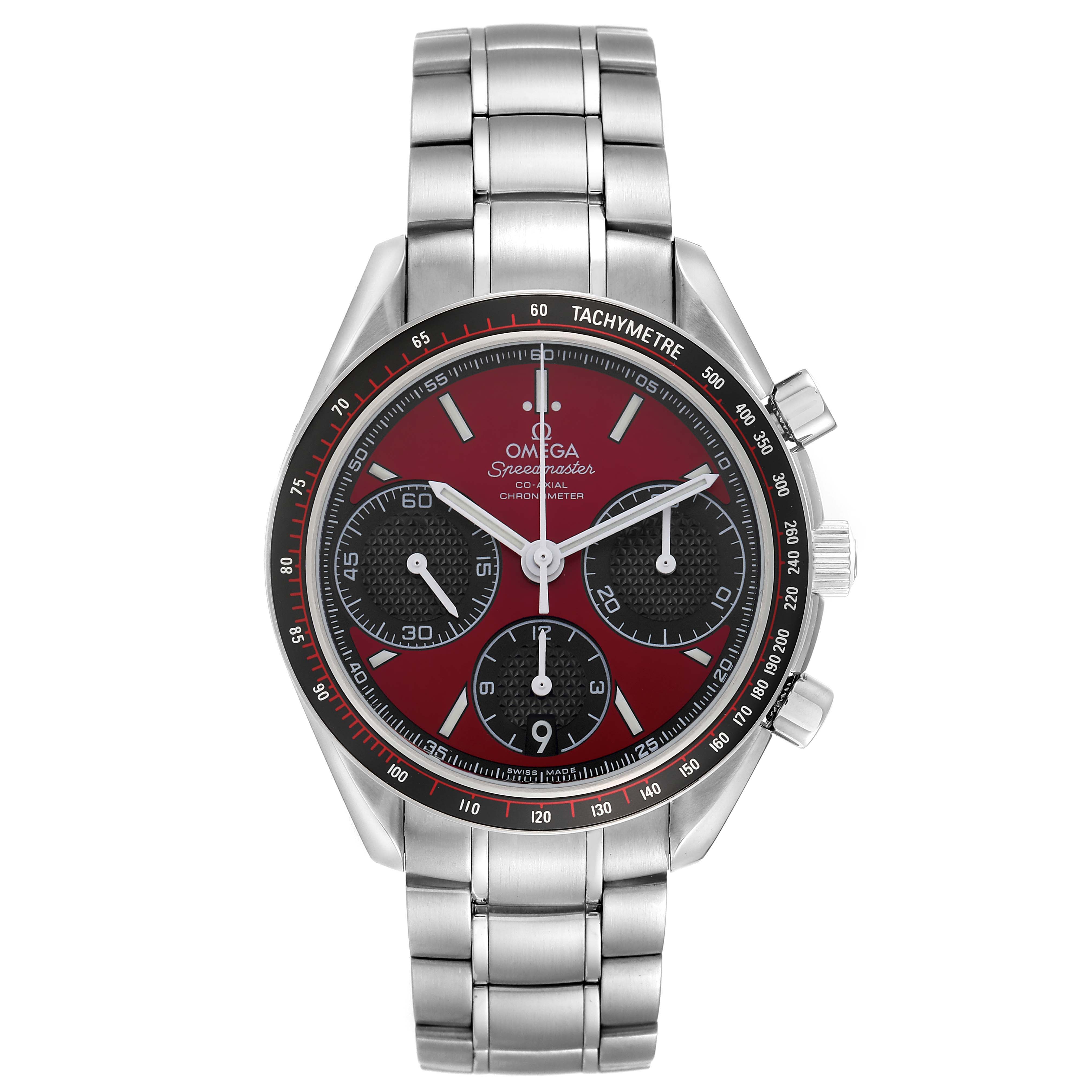 The Omega Speedmaster 326.30.40.50.11.001 Men's Stainless Steel Red Dial 326.30.40.50.11.001 Men's Stainless Steel Red Dial watch is shown from a front angle, highlighting its face, bezel, crown, pushers, and bracelet.