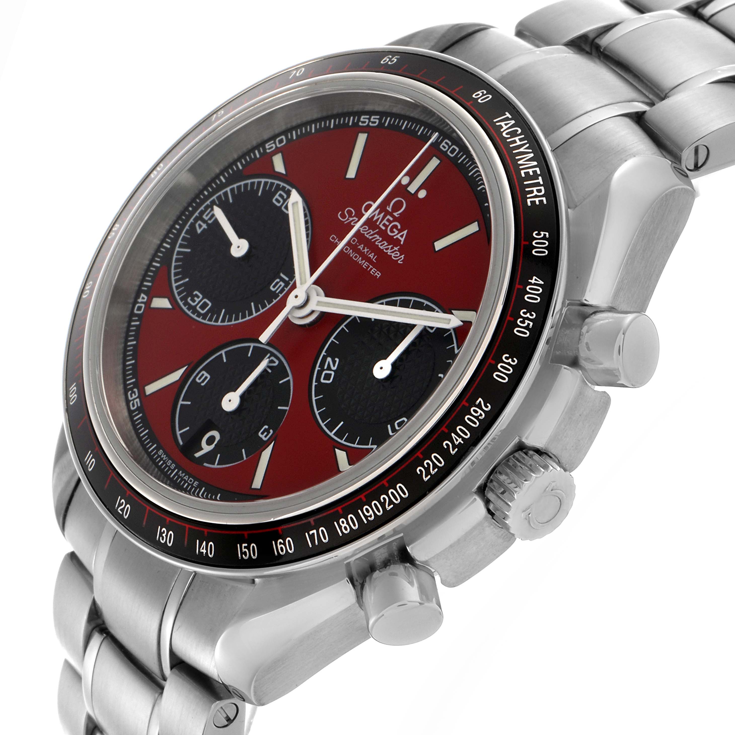 The Omega Speedmaster 326.30.40.50.11.001 Men's Stainless Steel Red Dial 326.30.40.50.11.001 Men's Stainless Steel Red Dial watch is shown at a slight angle, displaying the face, bezel, crown, and stainless steel bracelet.