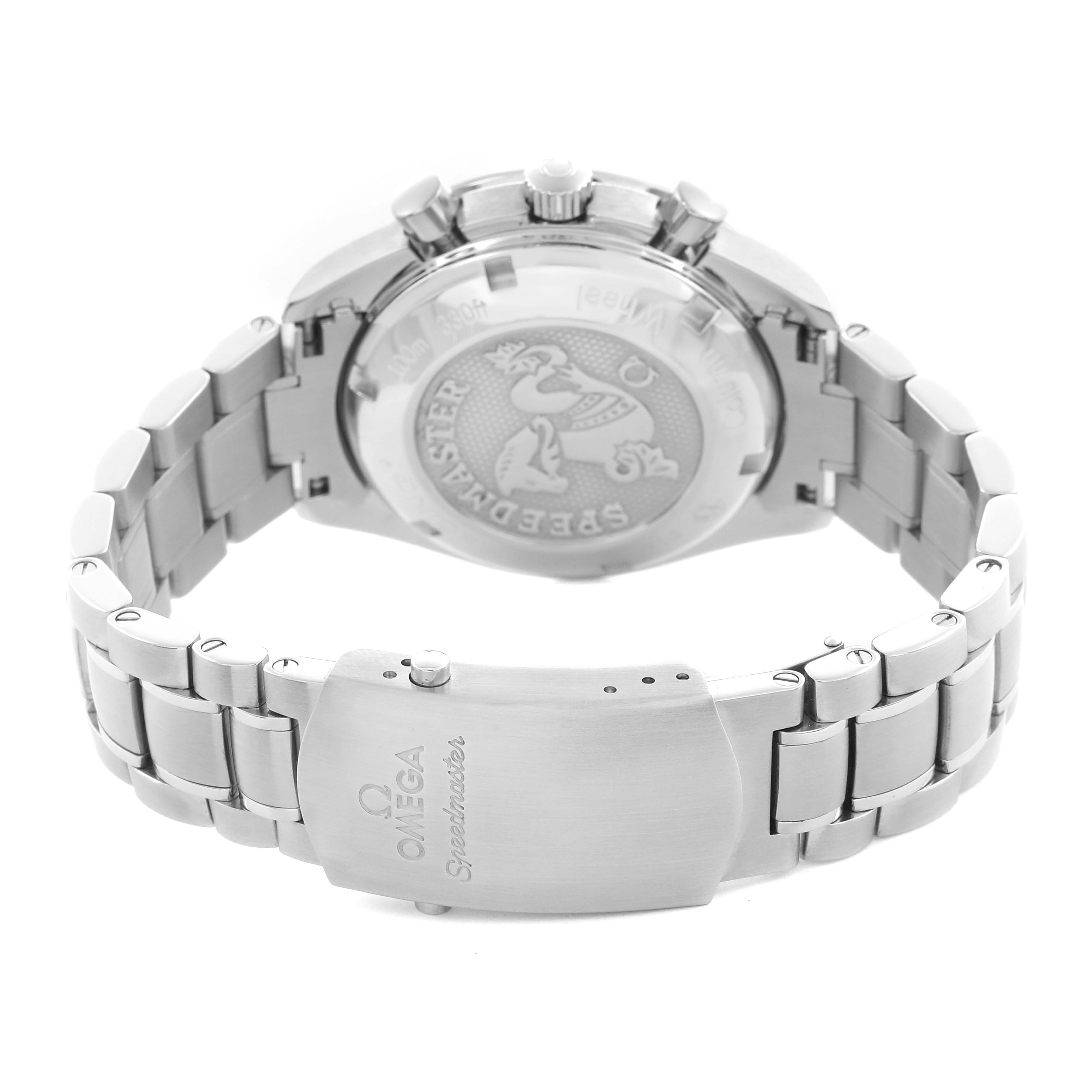 The Omega Speedmaster 326.30.40.50.11.001 Men's Stainless Steel Red Dial 326.30.40.50.11.001 Men's Stainless Steel Red Dial is shown from the back, highlighting the case back, bracelet, and clasp.