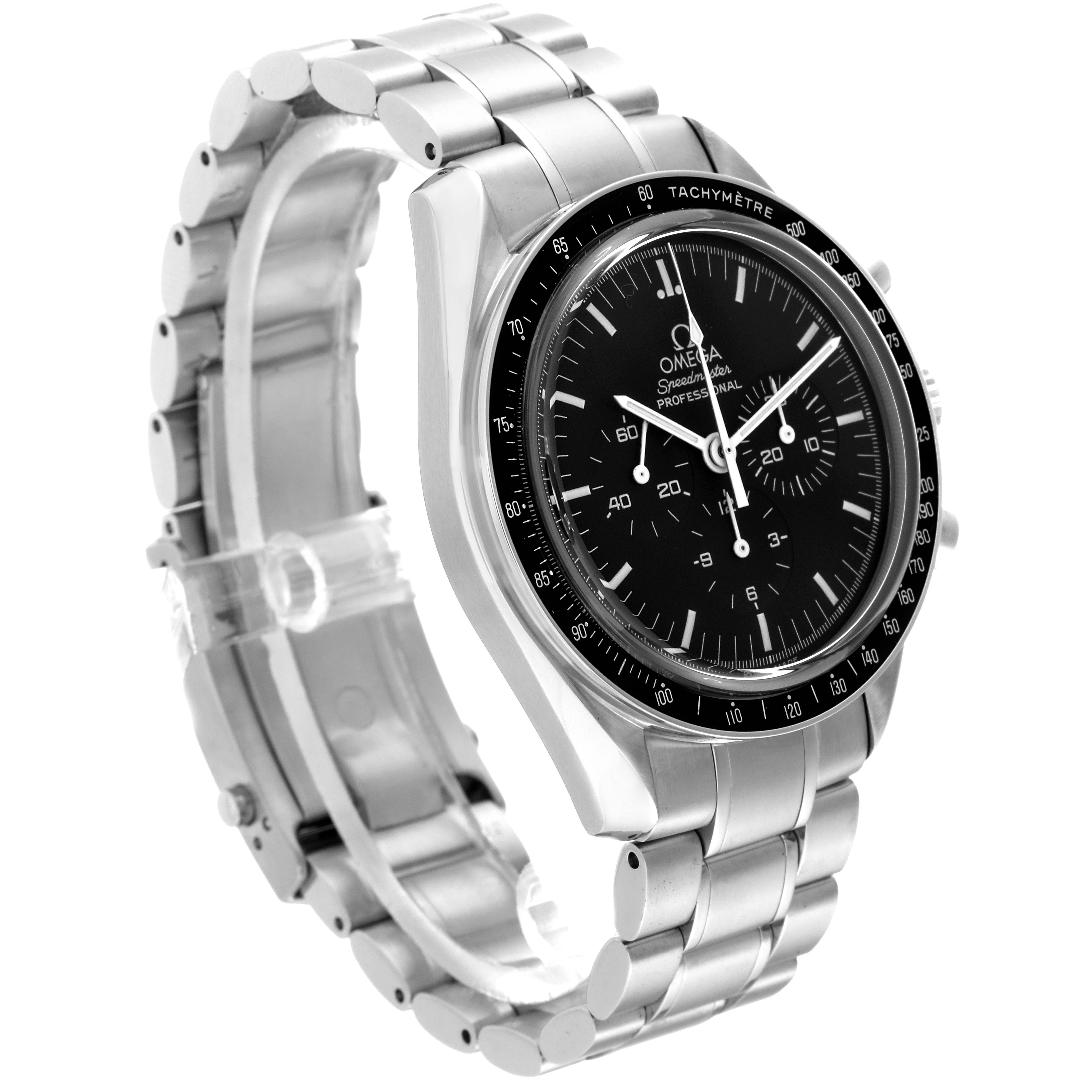 The image shows an Omega Speedmaster 3573.50.00 Men
s Stainless Steel Black Dial 3573.50.00 Men
s Stainless Steel Black Dial watch at a three-quarter angle, highlighting its bracelet, case, bezel, and dial.