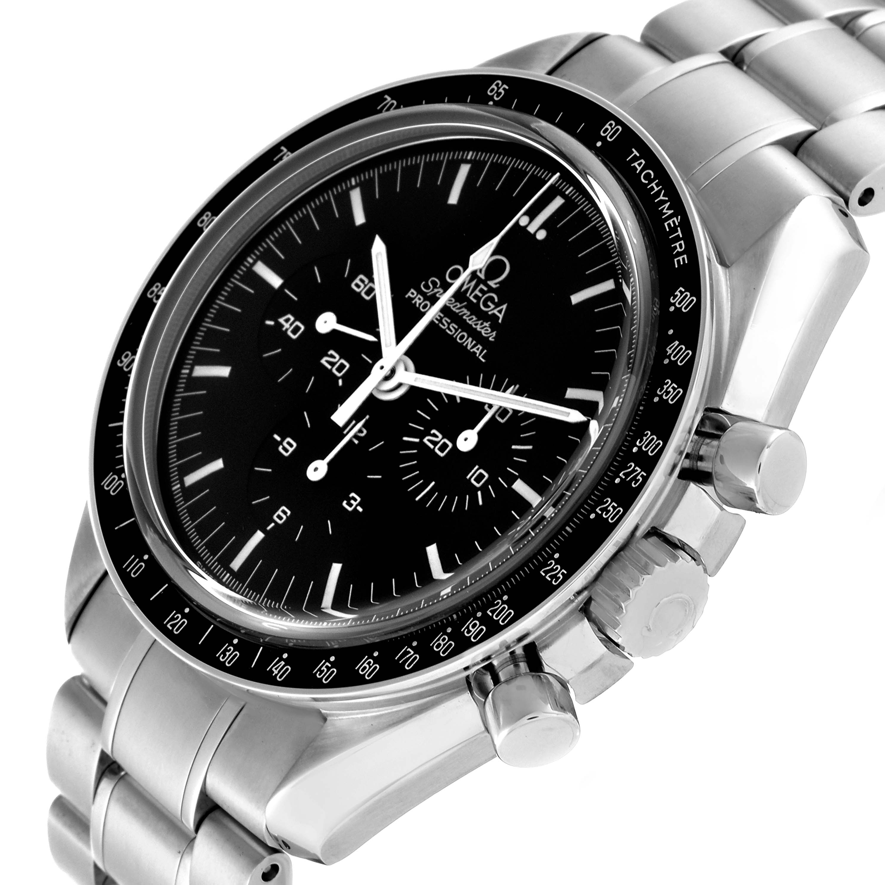 The image shows an Omega Speedmaster 3573.50.00 Men
s Stainless Steel Black Dial 3573.50.00 Men
s Stainless Steel Black Dial watch at an angle highlighting the face, bezel, crown, and stainless steel bracelet.