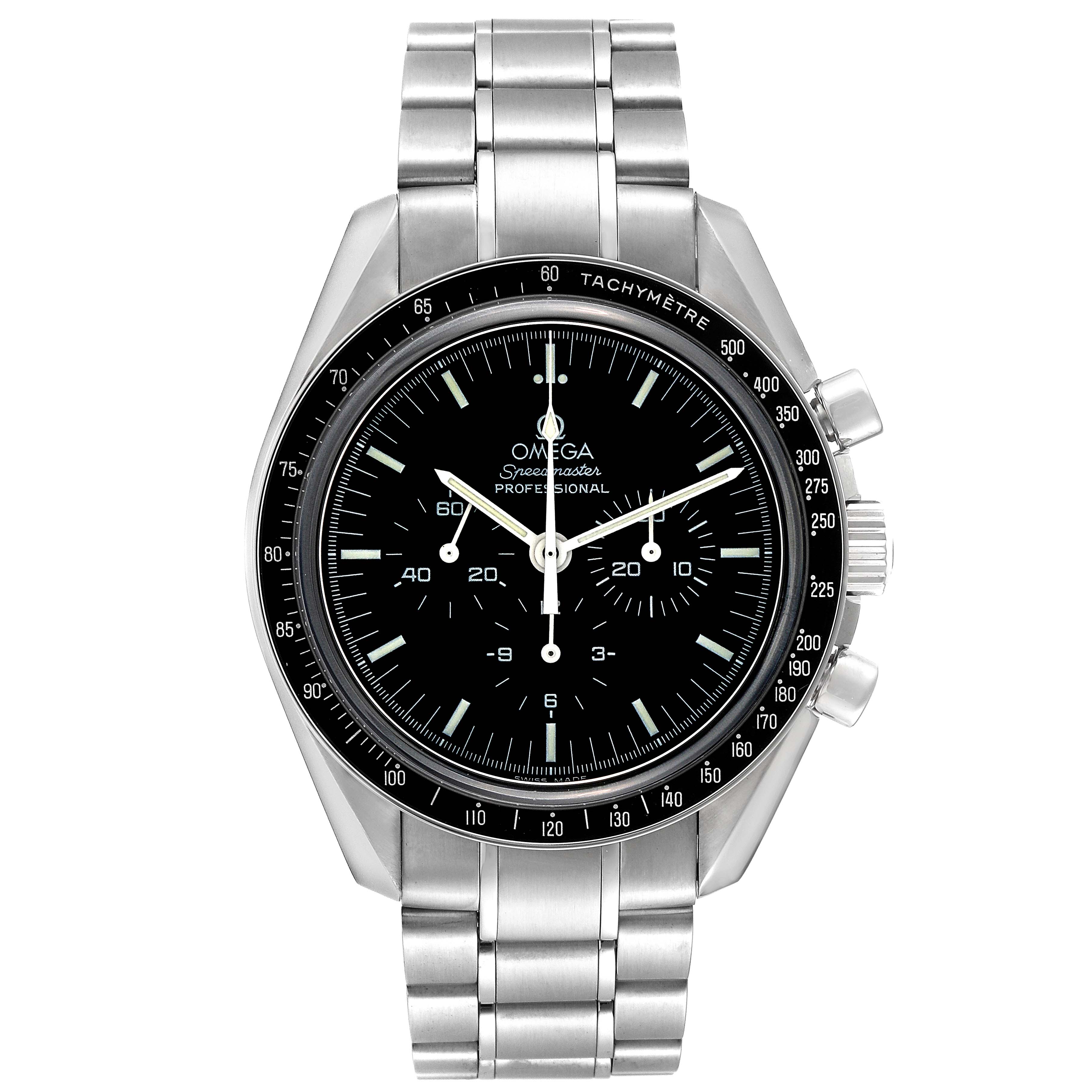 The image shows a front view of the Omega Speedmaster 3573.50.00 Men
s Stainless Steel Black Dial 3573.50.00 Men
s Stainless Steel Black Dial watch with its black dial, tachymeter bezel, and stainless steel bracelet.