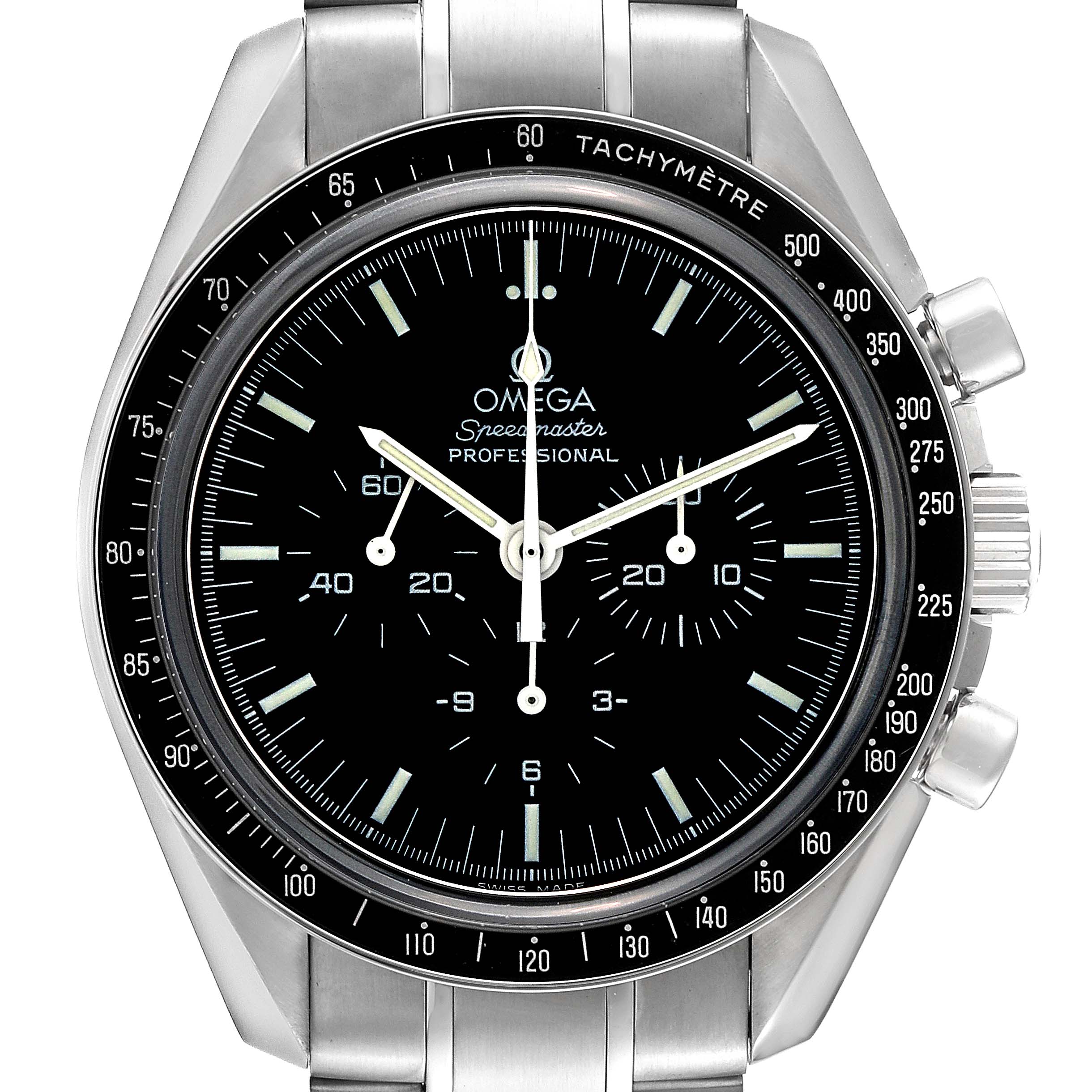 The image shows a front view of the Omega Speedmaster 3573.50.00 Men
s Stainless Steel Black Dial 3573.50.00 Men
s Stainless Steel Black Dial watch, highlighting the dial and tachymètre bezel.