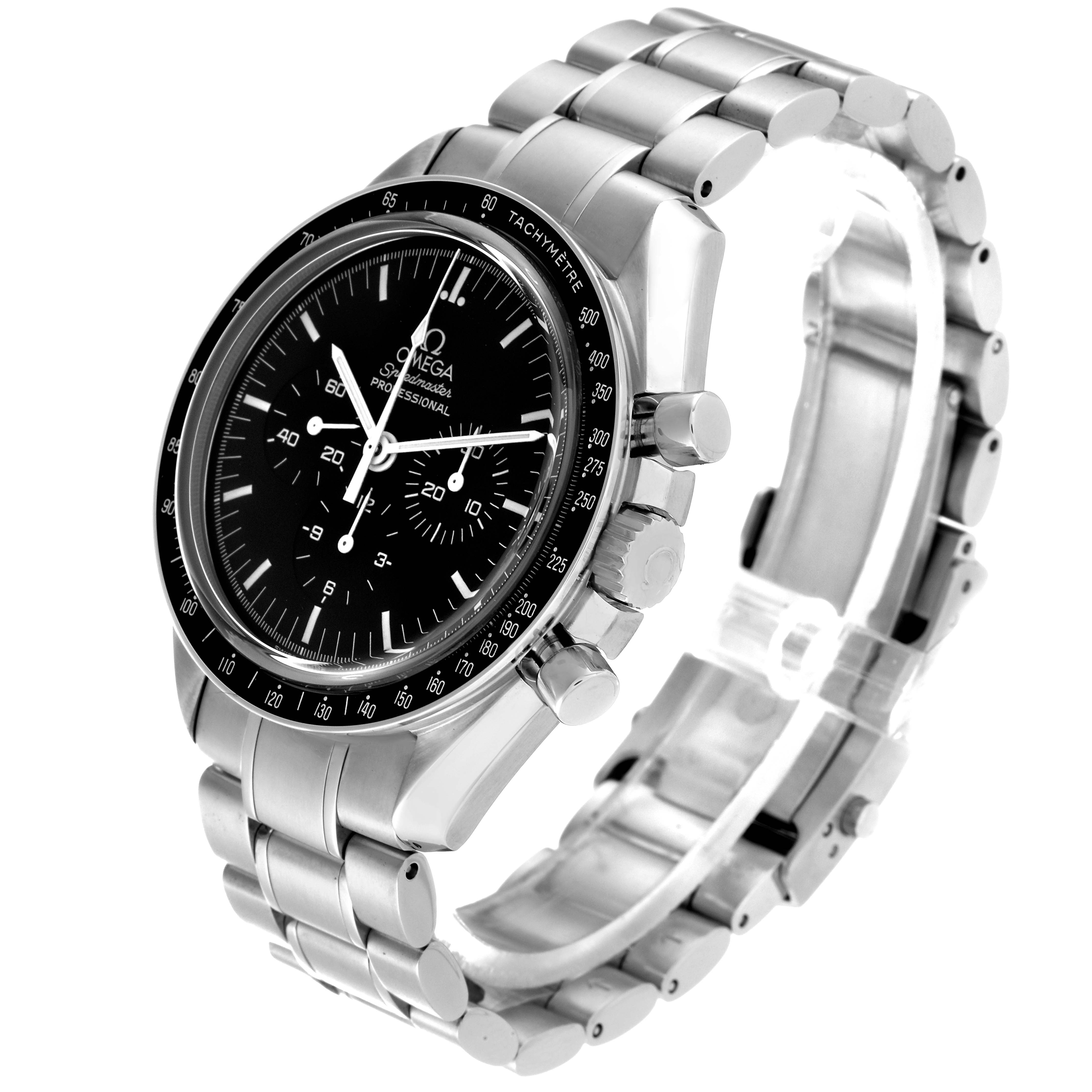 The Omega Speedmaster 3573.50.00 Men
s Stainless Steel Black Dial 3573.50.00 Men
s Stainless Steel Black Dial watch is shown at a three-quarter angle, displaying its face, bezel, crown, and stainless steel bracelet.