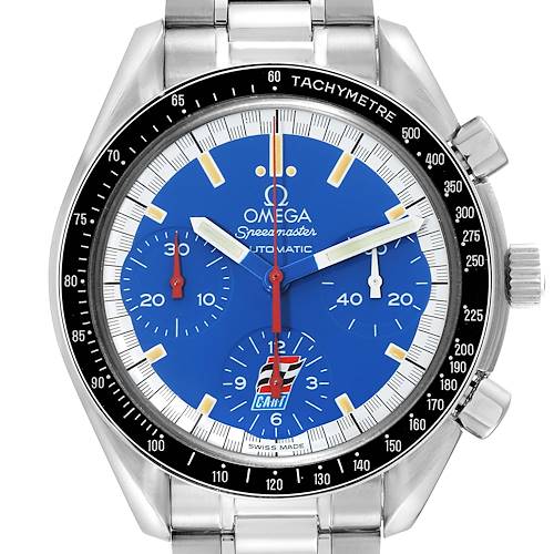 The Omega Speedmaster watch is shown from the front, displaying its face, bezel, and part of the bracelet.