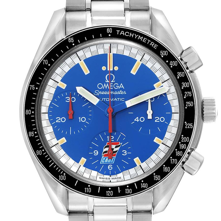 The Omega Speedmaster watch is shown from the front, highlighting the blue dial, tachymeter bezel, and chronograph subdials.