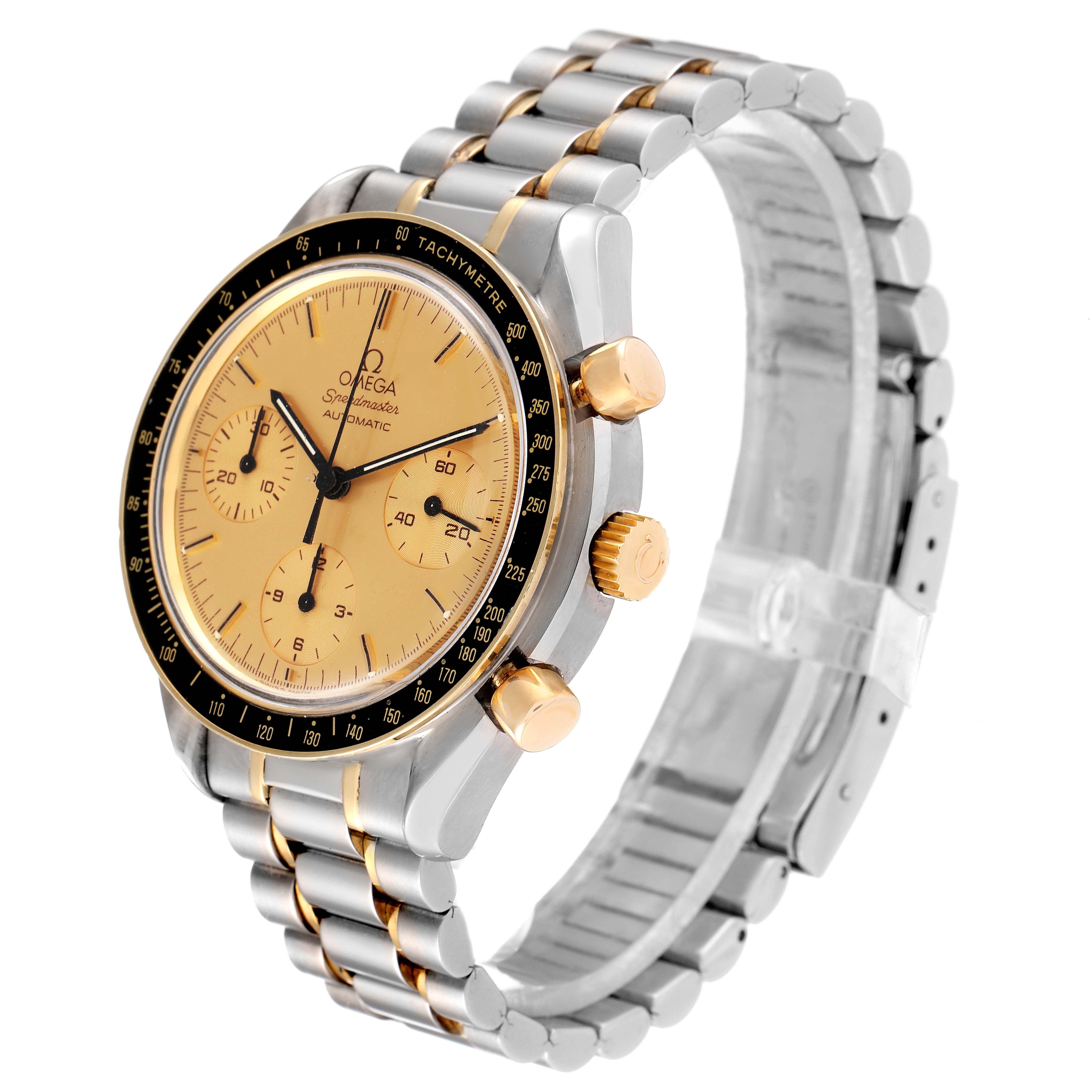 The Omega Speedmaster 3310.10.00 Men
s Steel and Gold (two tone) Champagne Dial 3310.10.00 Men
s Steel and Gold (two tone) Champagne Dial watch is shown at a three-quarter angle, highlighting the face, crown, chronograph pushers, and bracelet.