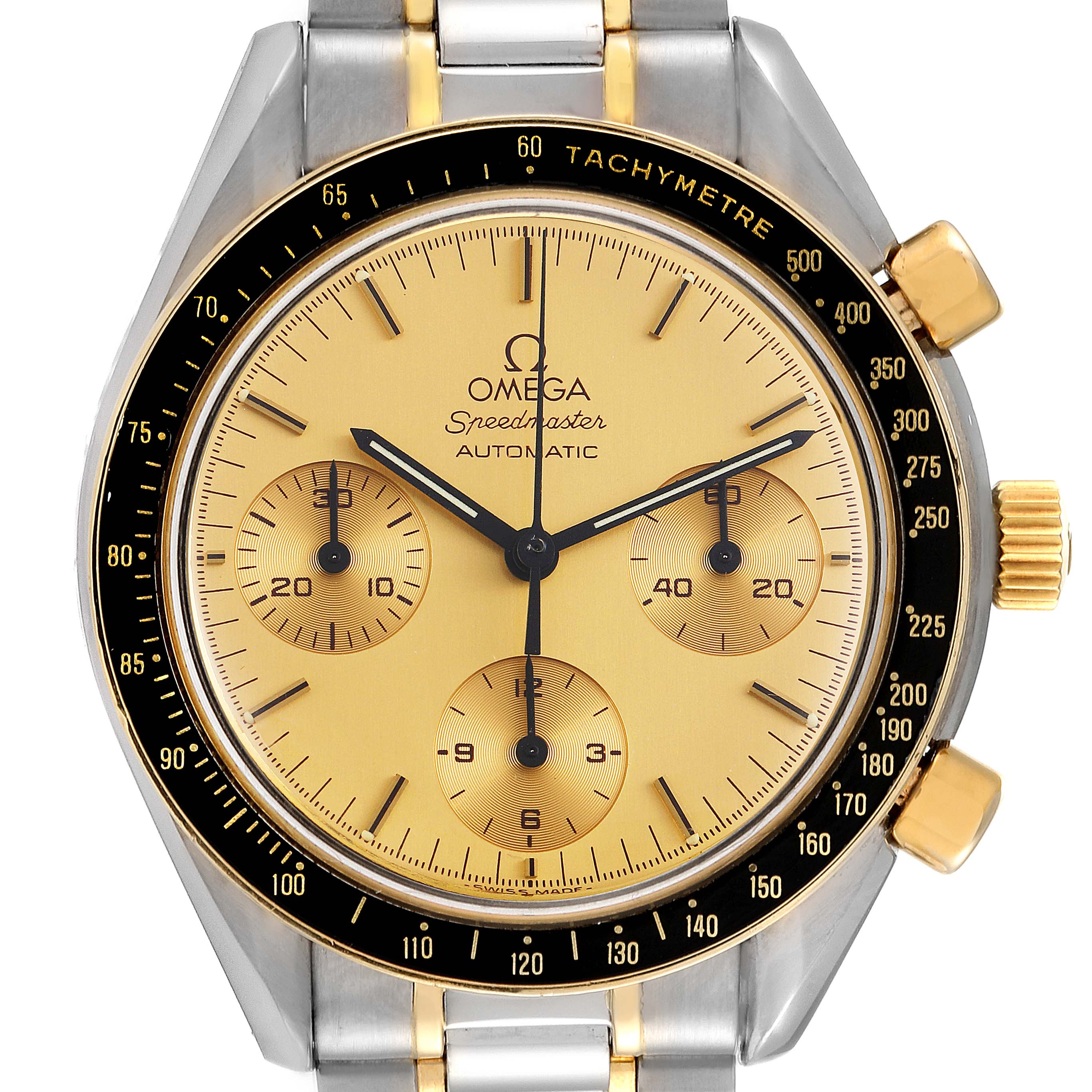 The image shows a close-up of the face and bezel of an Omega Speedmaster 3310.10.00 Men
s Steel and Gold (two tone) Champagne Dial 3310.10.00 Men
s Steel and Gold (two tone) Champagne Dial watch, focusing on the dial, hands, and tachymeter.