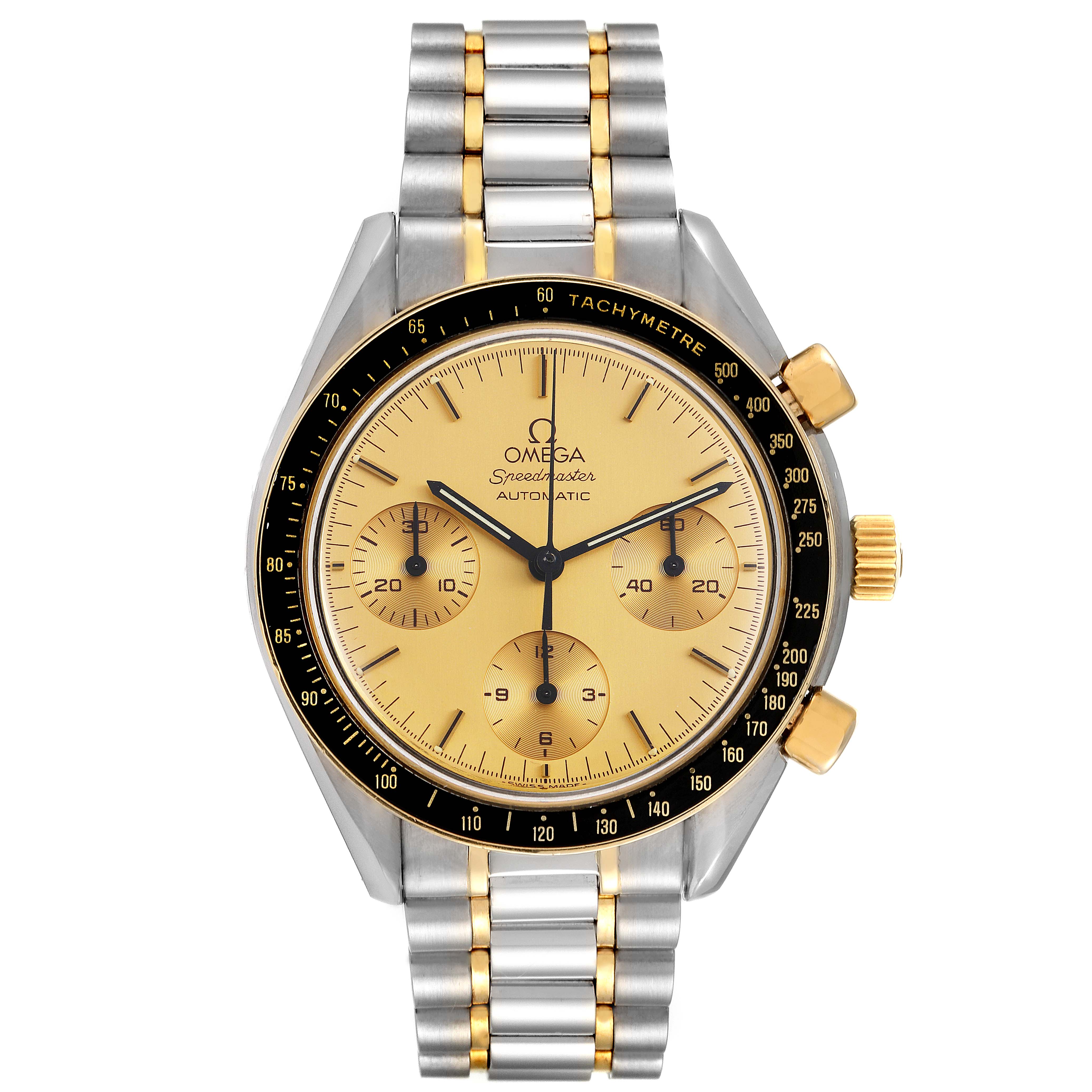 The image shows a frontal view of an Omega Speedmaster 3310.10.00 Men
s Steel and Gold (two tone) Champagne Dial 3310.10.00 Men
s Steel and Gold (two tone) Champagne Dial watch, featuring a two-tone metal bracelet and a yellow dial with three subdials.
