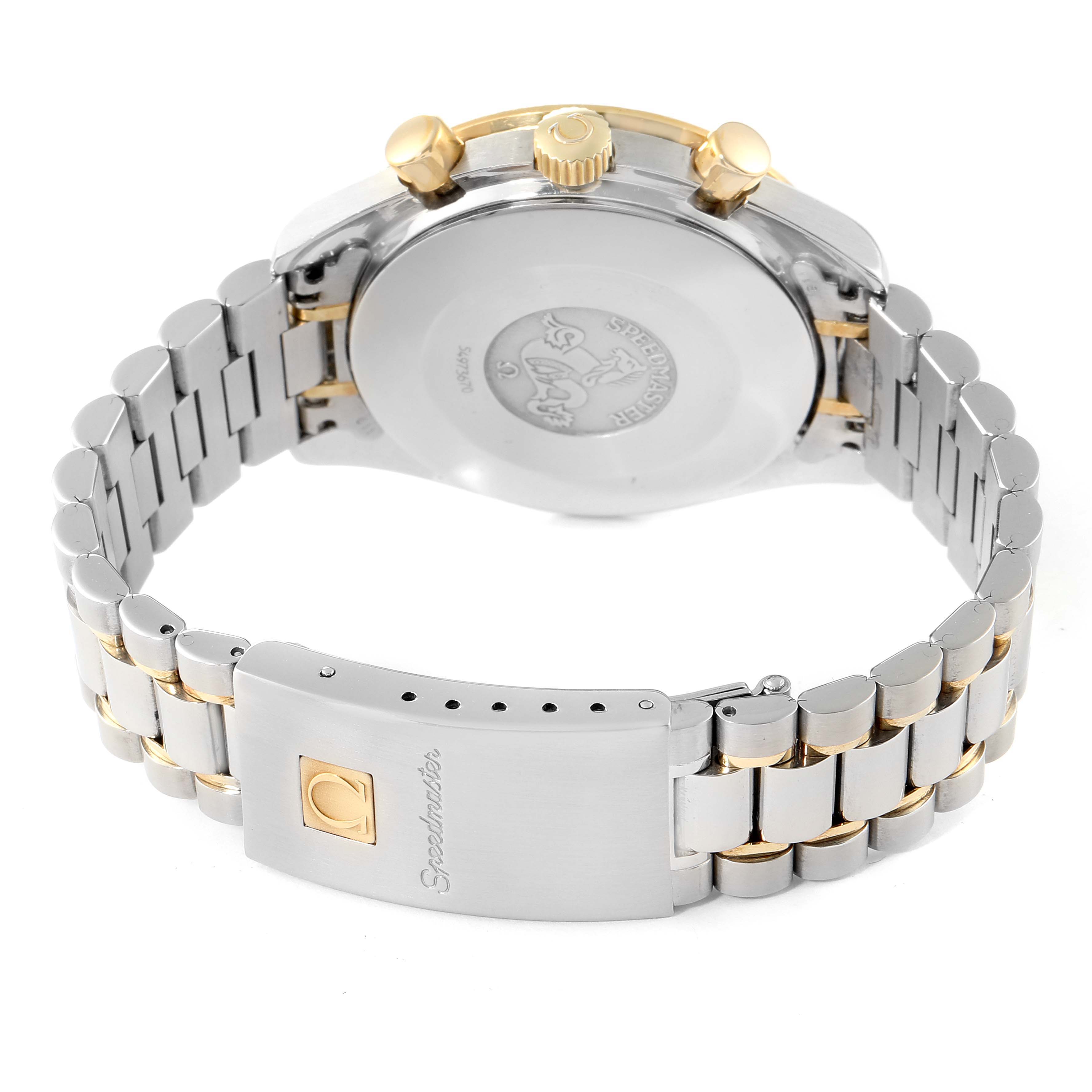 The image shows the backside and bracelet clasp of an Omega Speedmaster 3310.10.00 Men
s Steel and Gold (two tone) Champagne Dial 3310.10.00 Men
s Steel and Gold (two tone) Champagne Dial watch, highlighting its dual-tone metal finish.