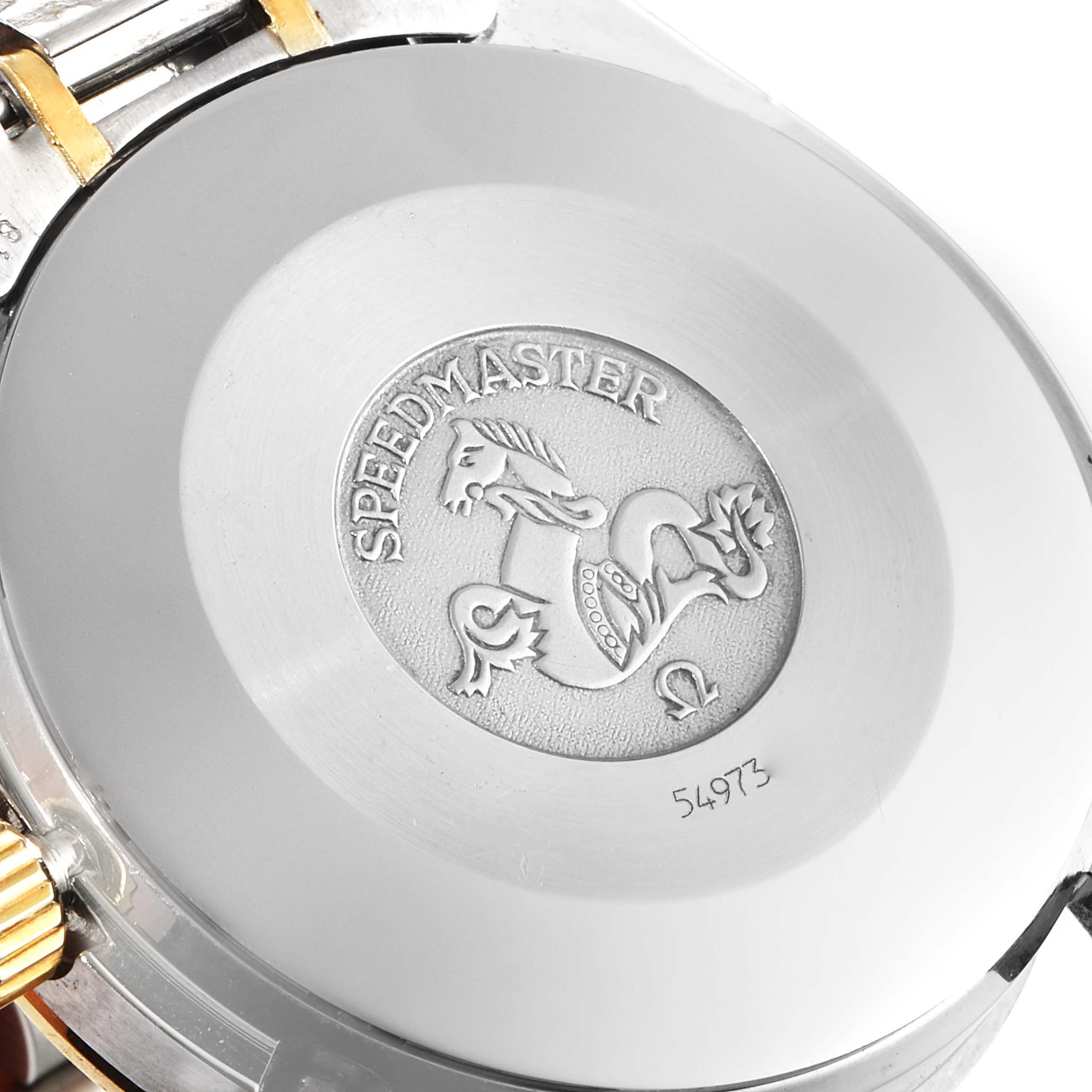 The image shows the back case of an Omega Speedmaster 3310.10.00 Men
s Steel and Gold (two tone) Champagne Dial 3310.10.00 Men
s Steel and Gold (two tone) Champagne Dial watch, featuring the engraved logo and model name.