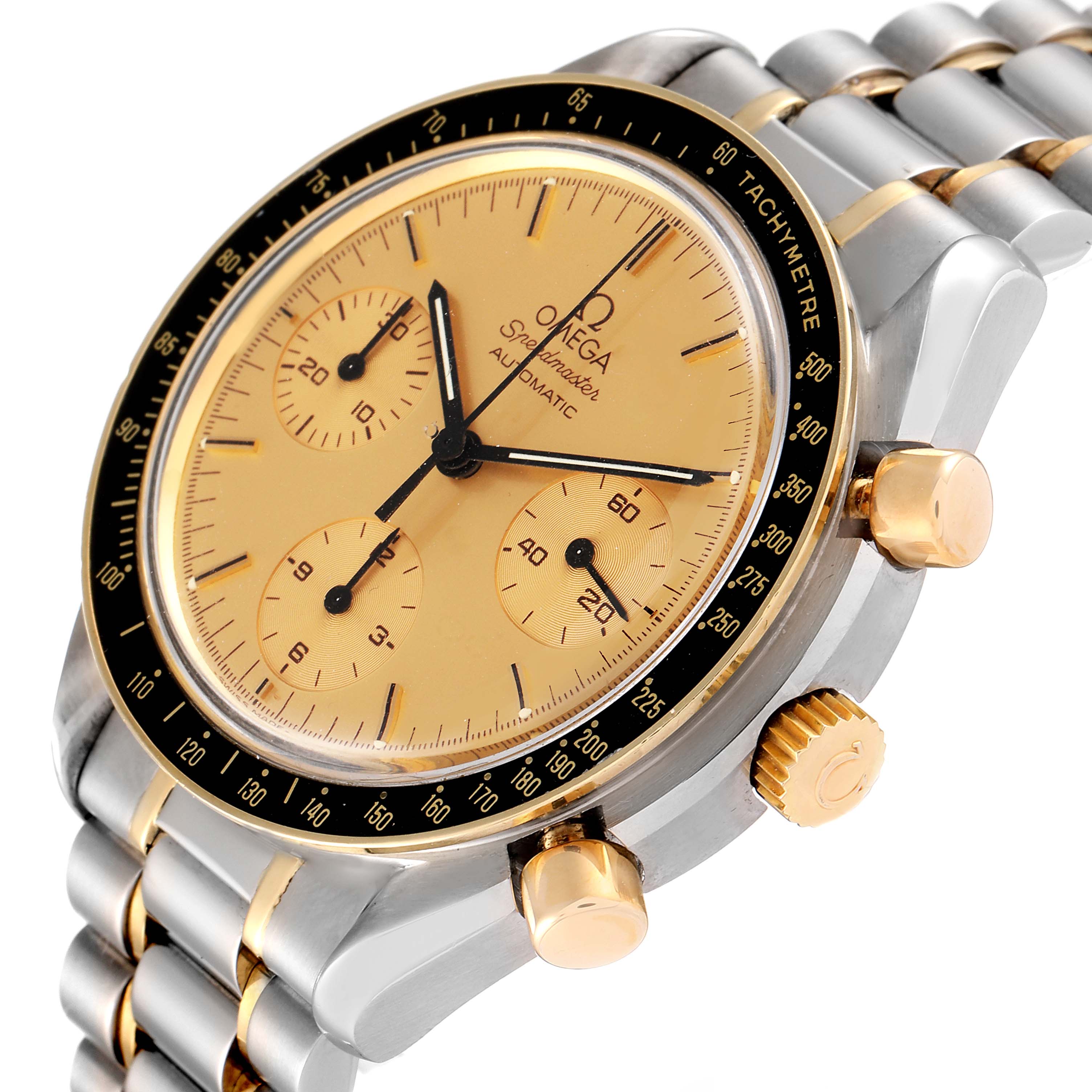This Omega Speedmaster 3310.10.00 Men
s Steel and Gold (two tone) Champagne Dial 3310.10.00 Men
s Steel and Gold (two tone) Champagne Dial watch is shown at a three-quarter angle, displaying the face, bezel, crown, and part of the bracelet.